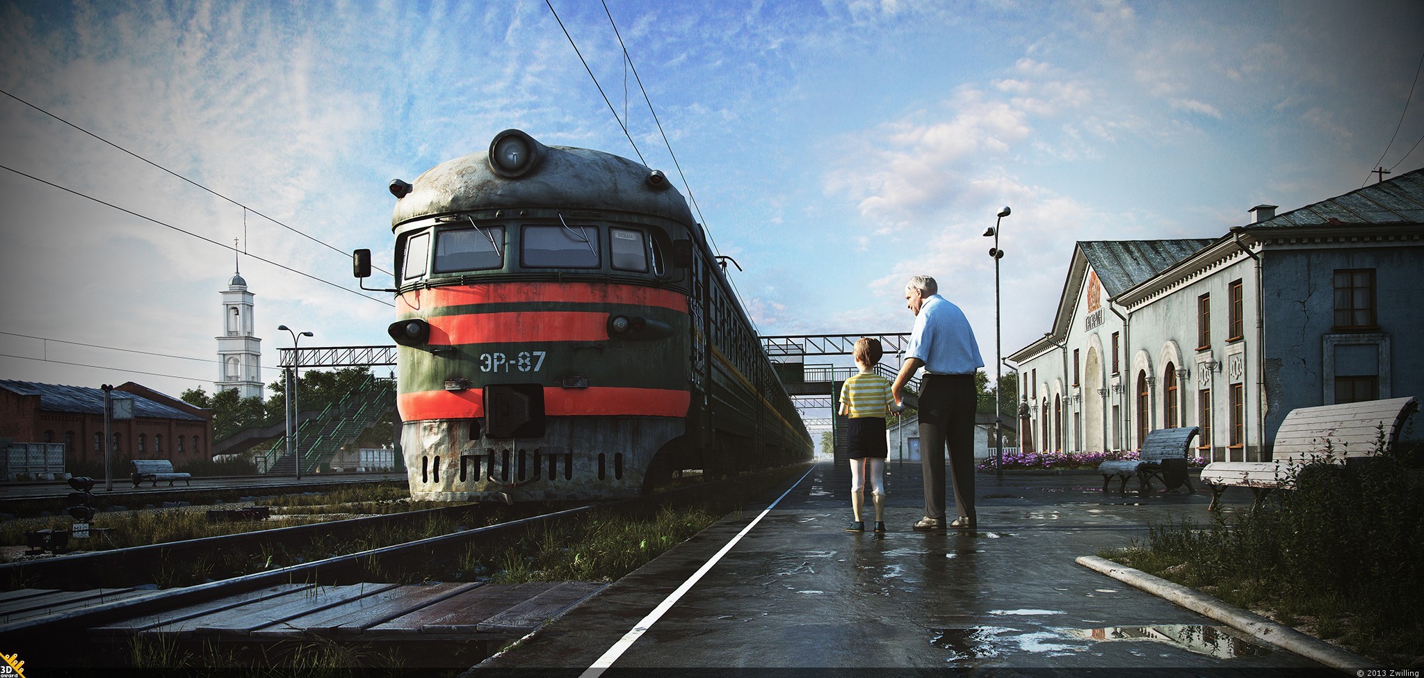 Old man and child at a train station with a train HD Wallpaper