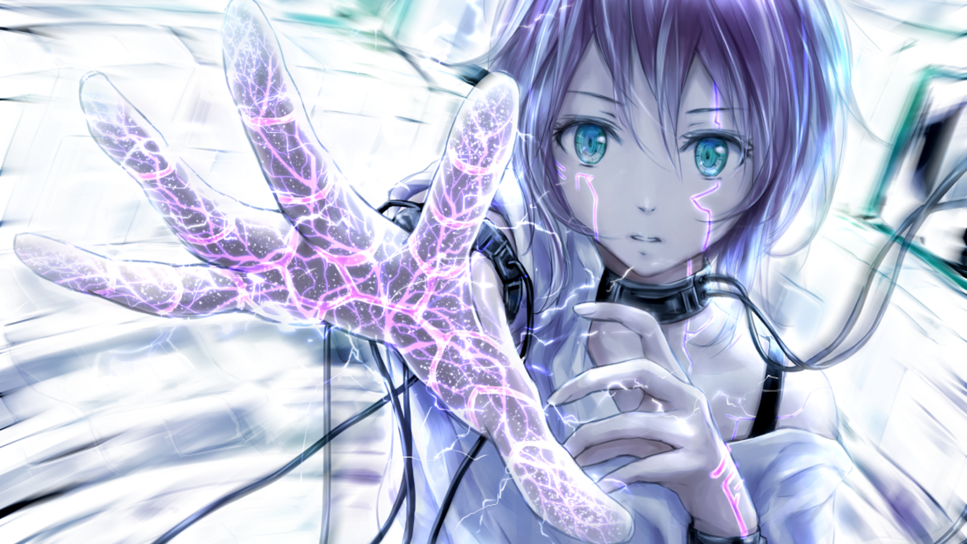 Anime girl with glowing hands and wires HD Wallpaper