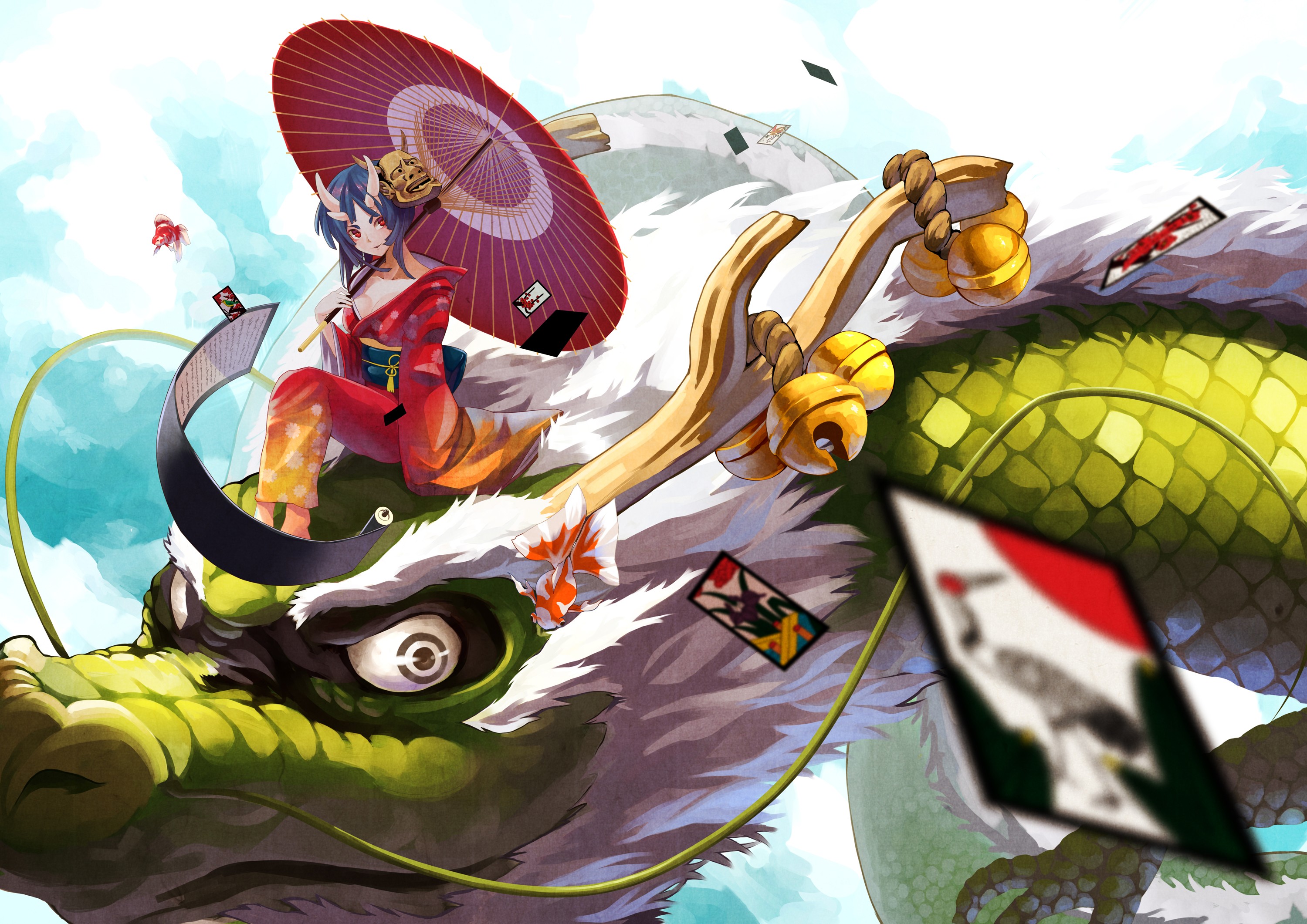 Girl in Kimono with Dragon and Umbrella HD Wallpaper