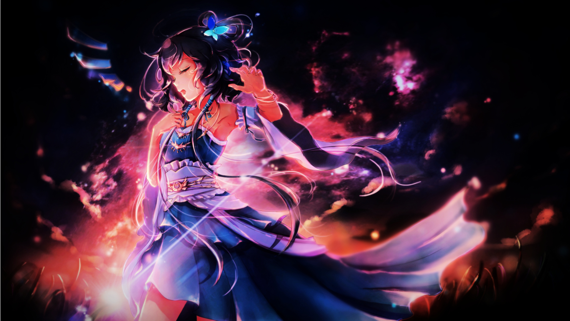 Anime girl with blue butterfly in hair HD Wallpaper