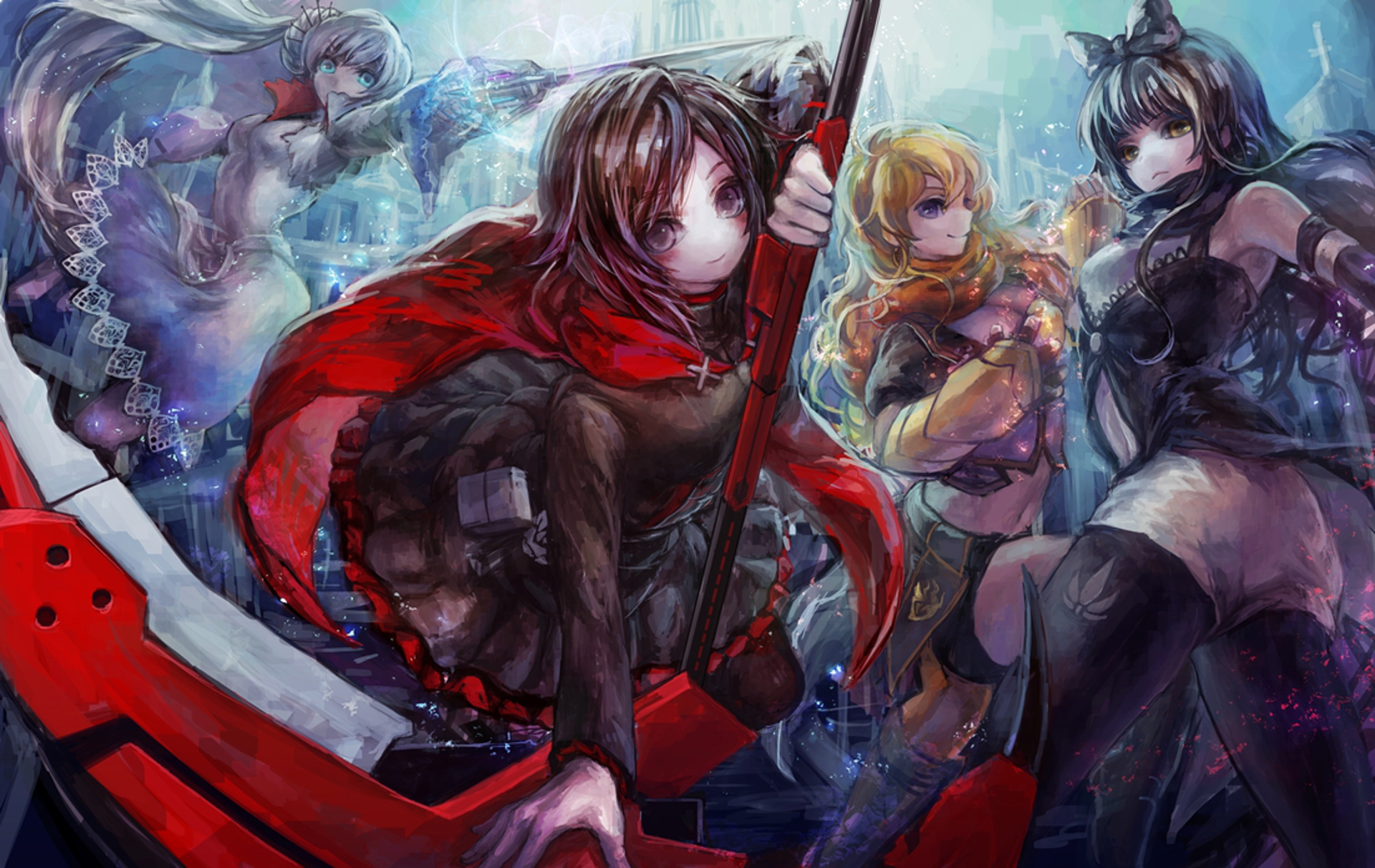 RWBY characters Ruby Rose, Yang Xiao Long, Weiss Schnee, and Blake Belladonna HD Wallpaper