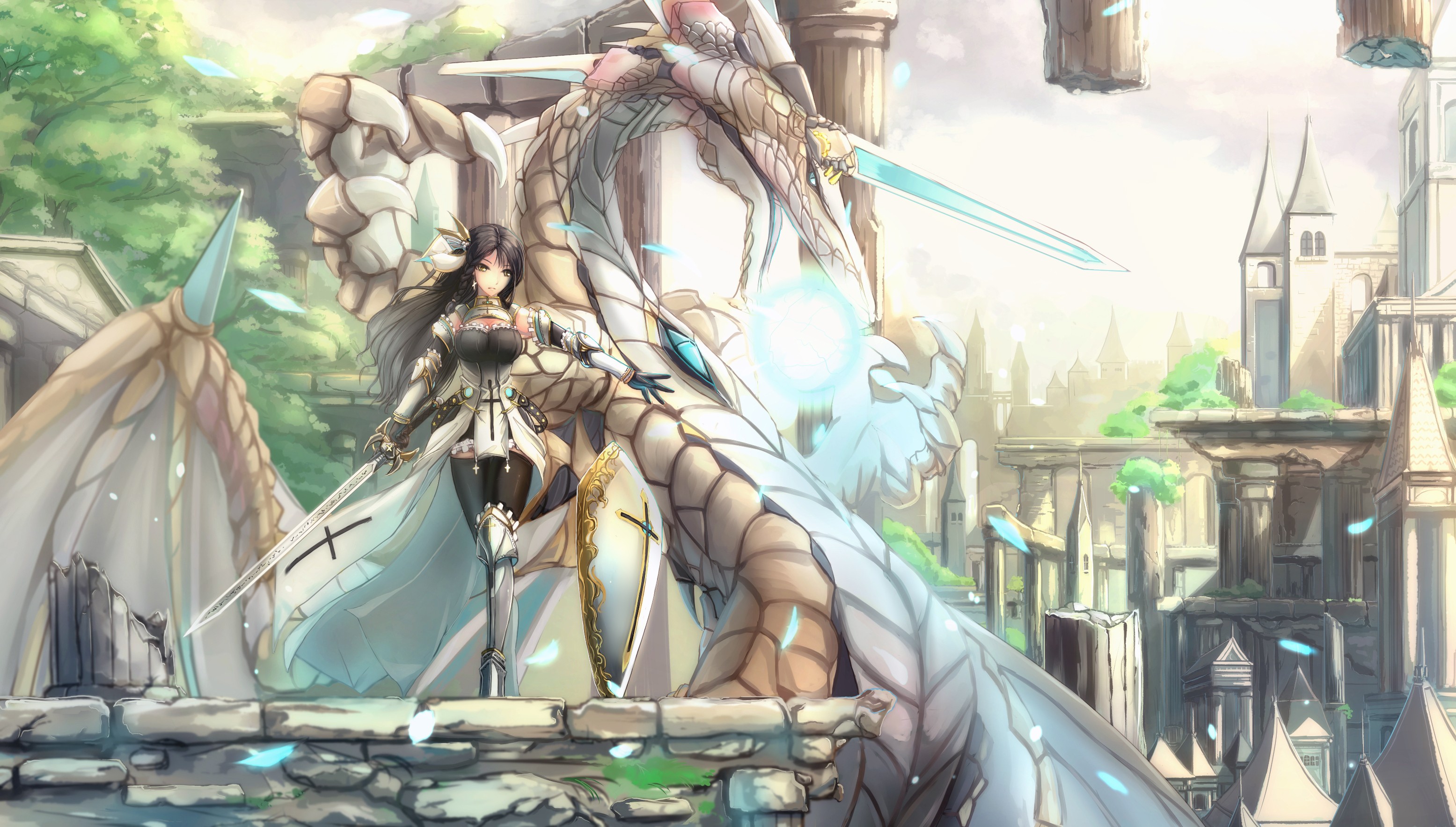 Anime Girl in Armor with Dragon and Sword HD Wallpaper