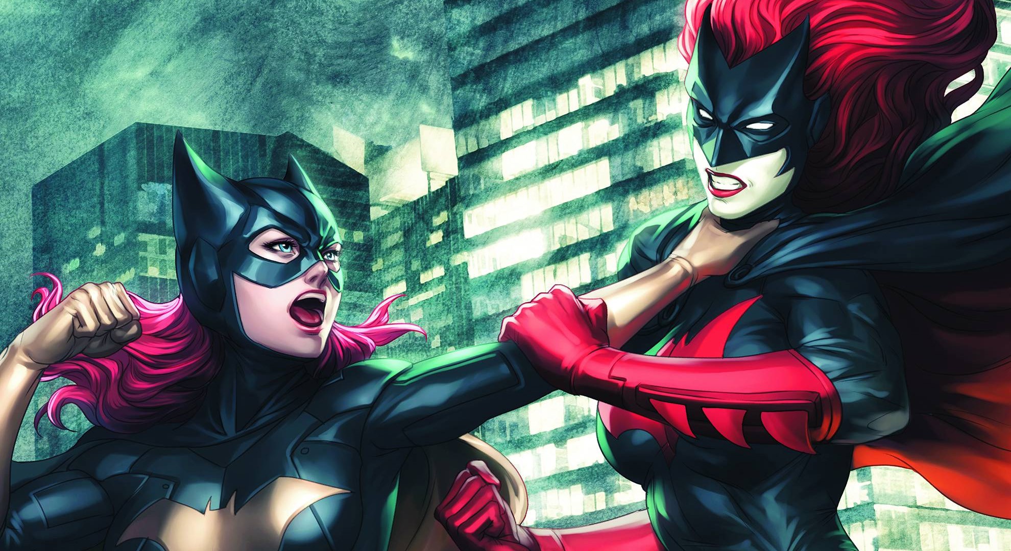 Batwoman and Batgirl fighting in a city HD Wallpaper
