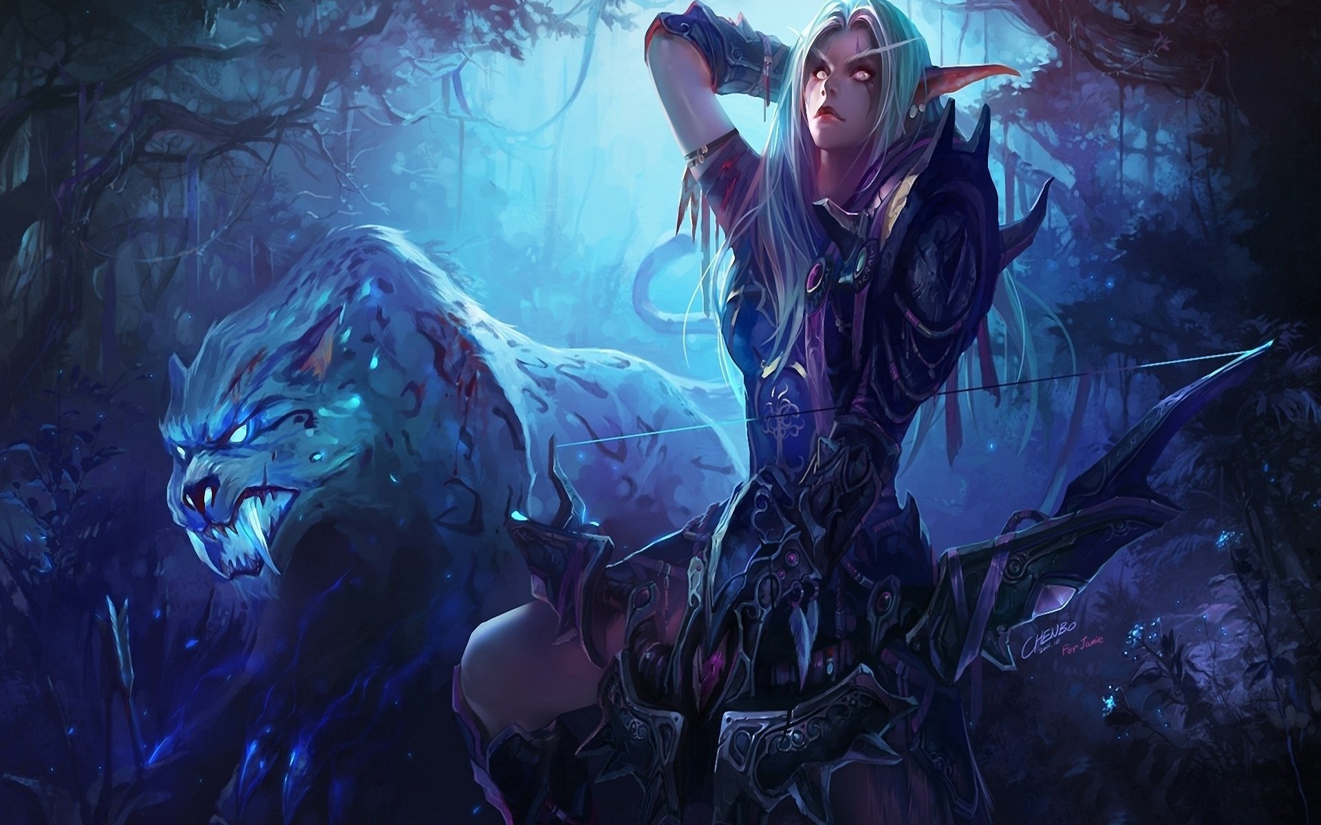 Night Elf Hunter and Panther in World of Warcraft HD Wallpaper