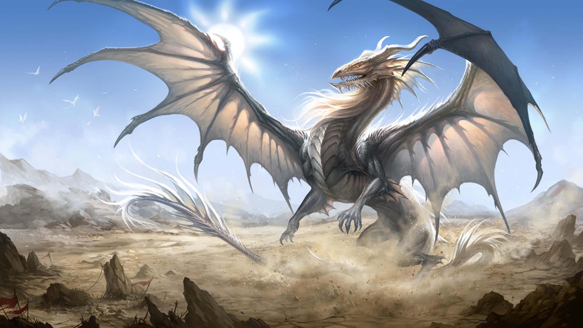 Fantasy art of a white dragon in a desert HD Wallpaper