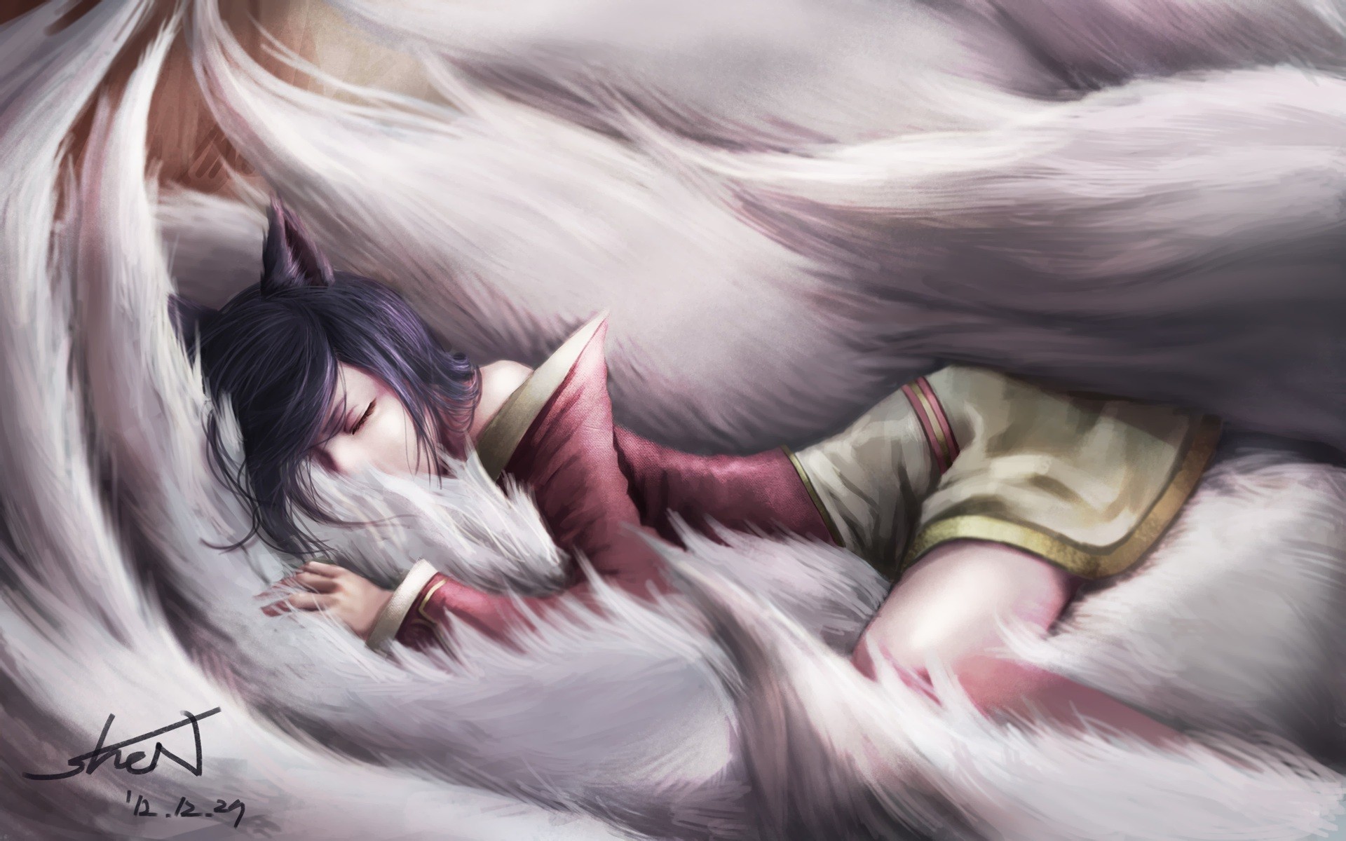 Ahri from League of Legends sleeping surrounded by her tails HD Wallpaper