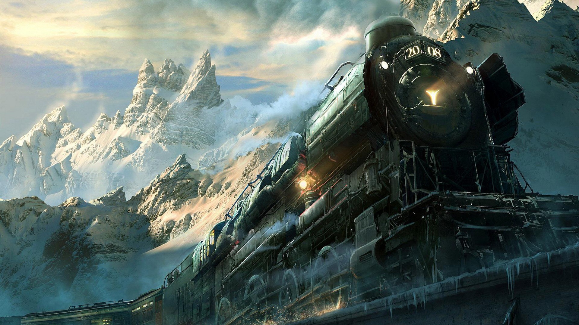 Steam locomotive in snowy mountains HD Wallpaper