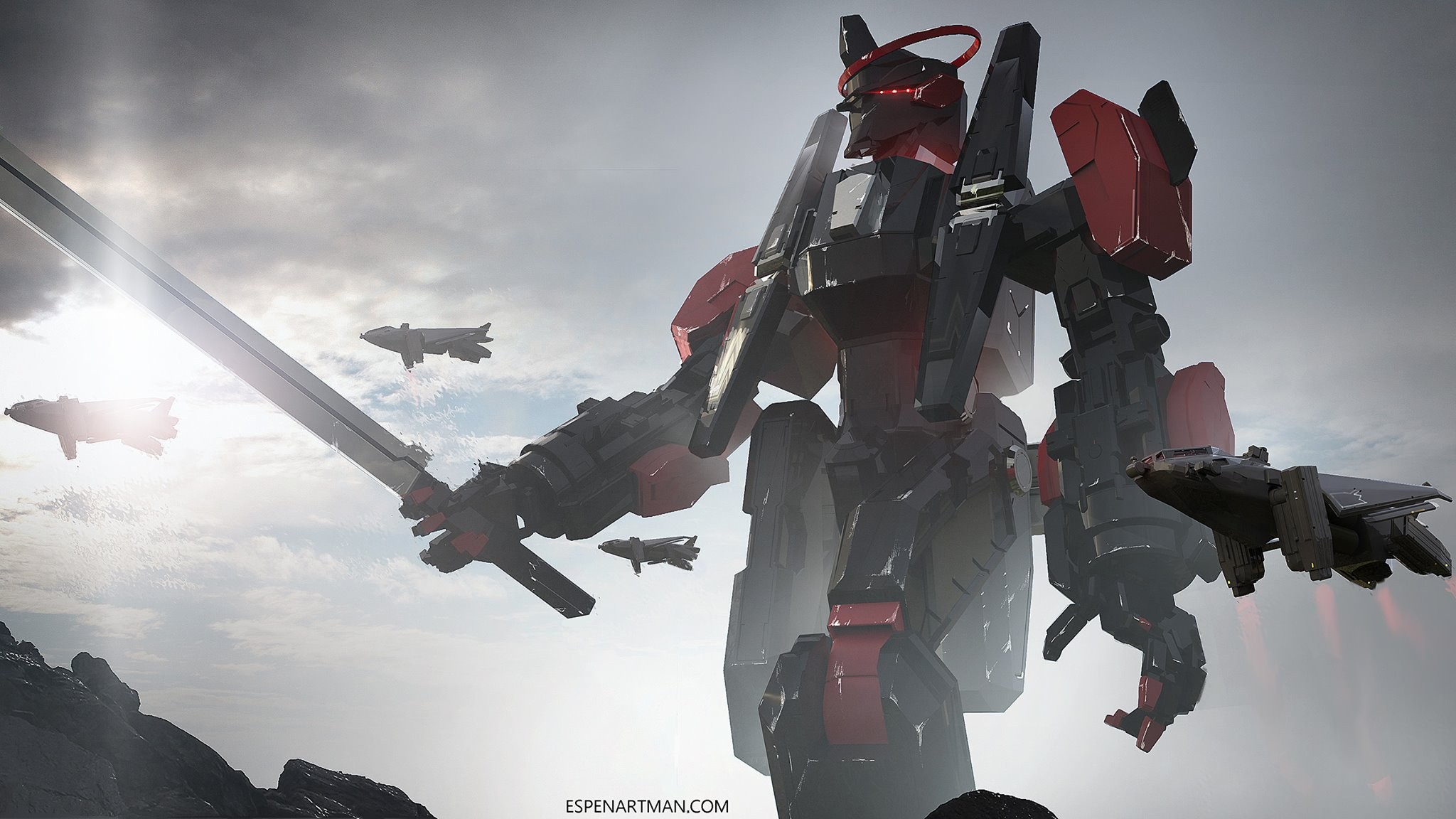 Giant red and black mech holding a sword HD Wallpaper