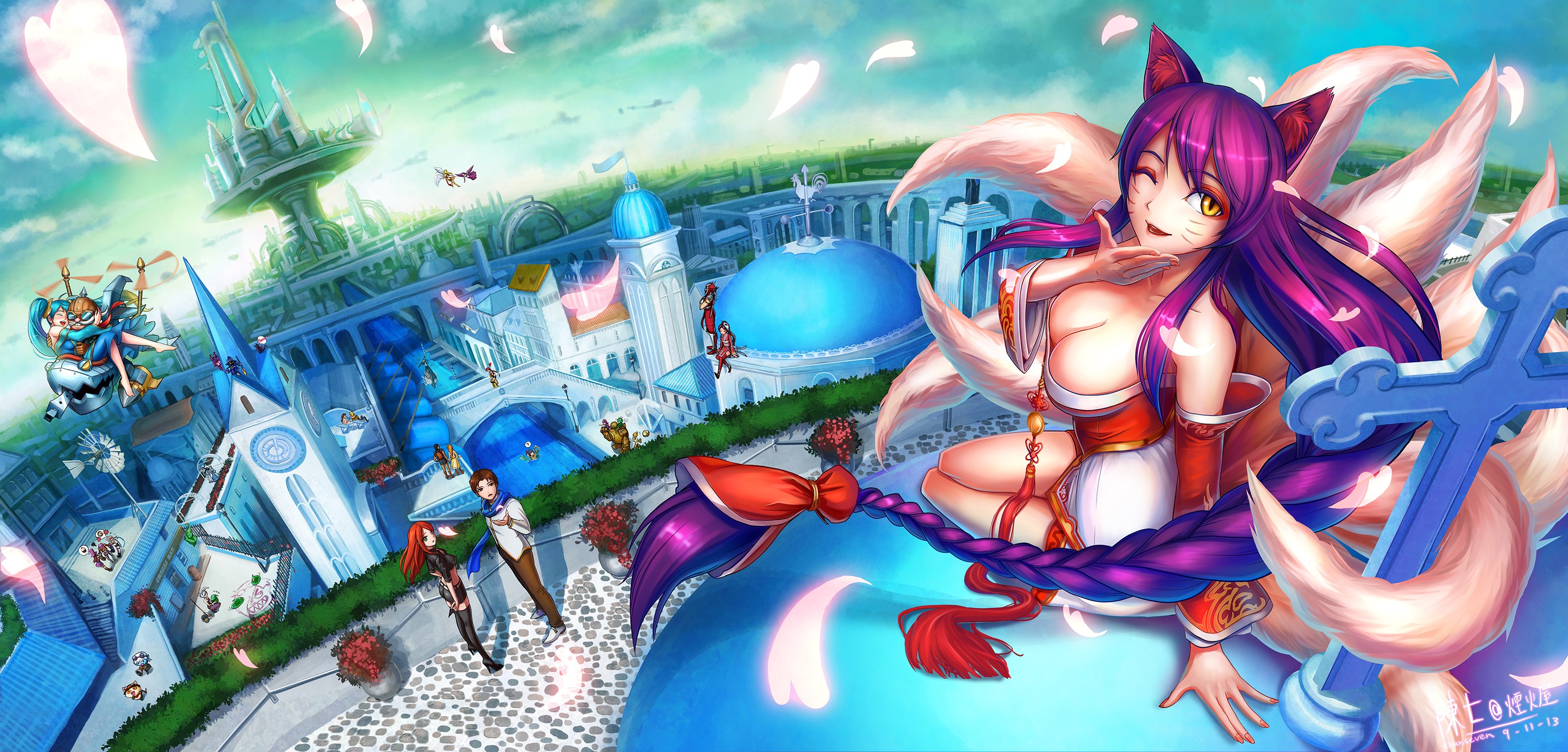 Ahri from League of Legends in a fantasy city HD Wallpaper