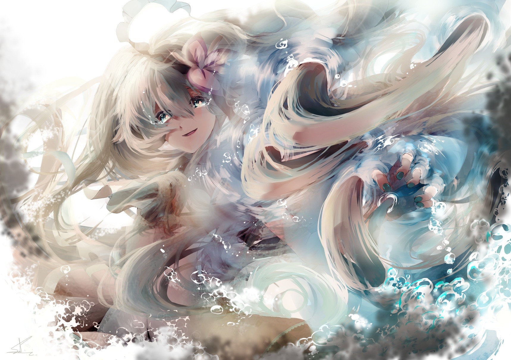 Hatsune Miku surrounded by water and bubbles HD Wallpaper