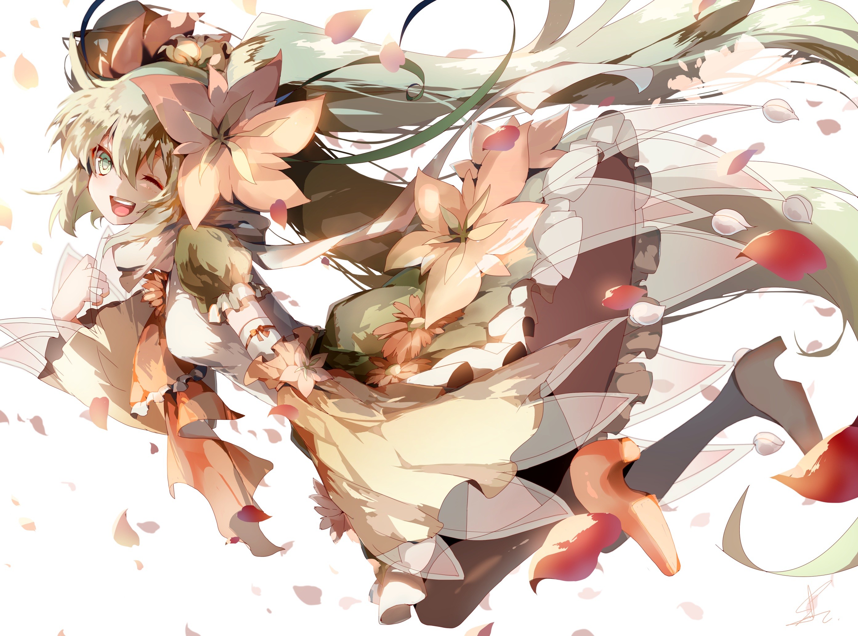 Hatsune Miku with flowers and falling petals HD Wallpaper