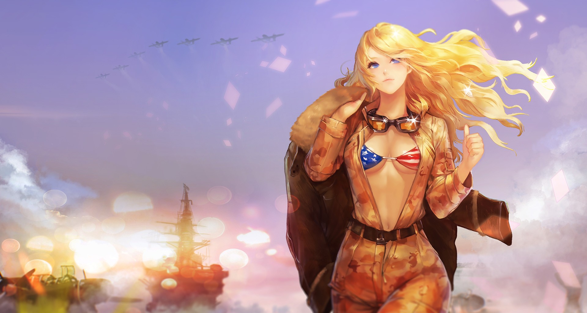 Blonde pilot girl in bikini and goggles with airplanes and ship HD Wallpaper