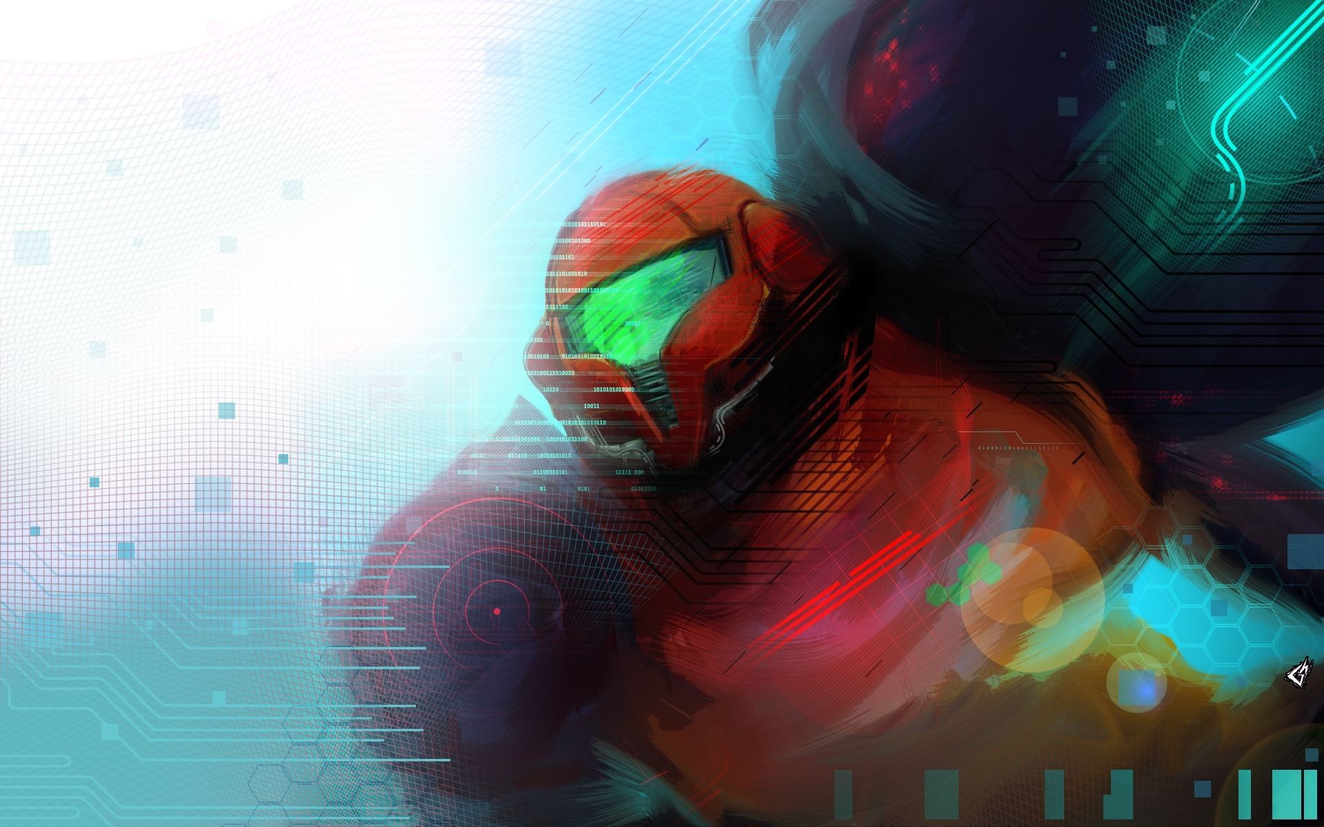 Samus Aran in a futuristic suit with digital overlays HD Wallpaper