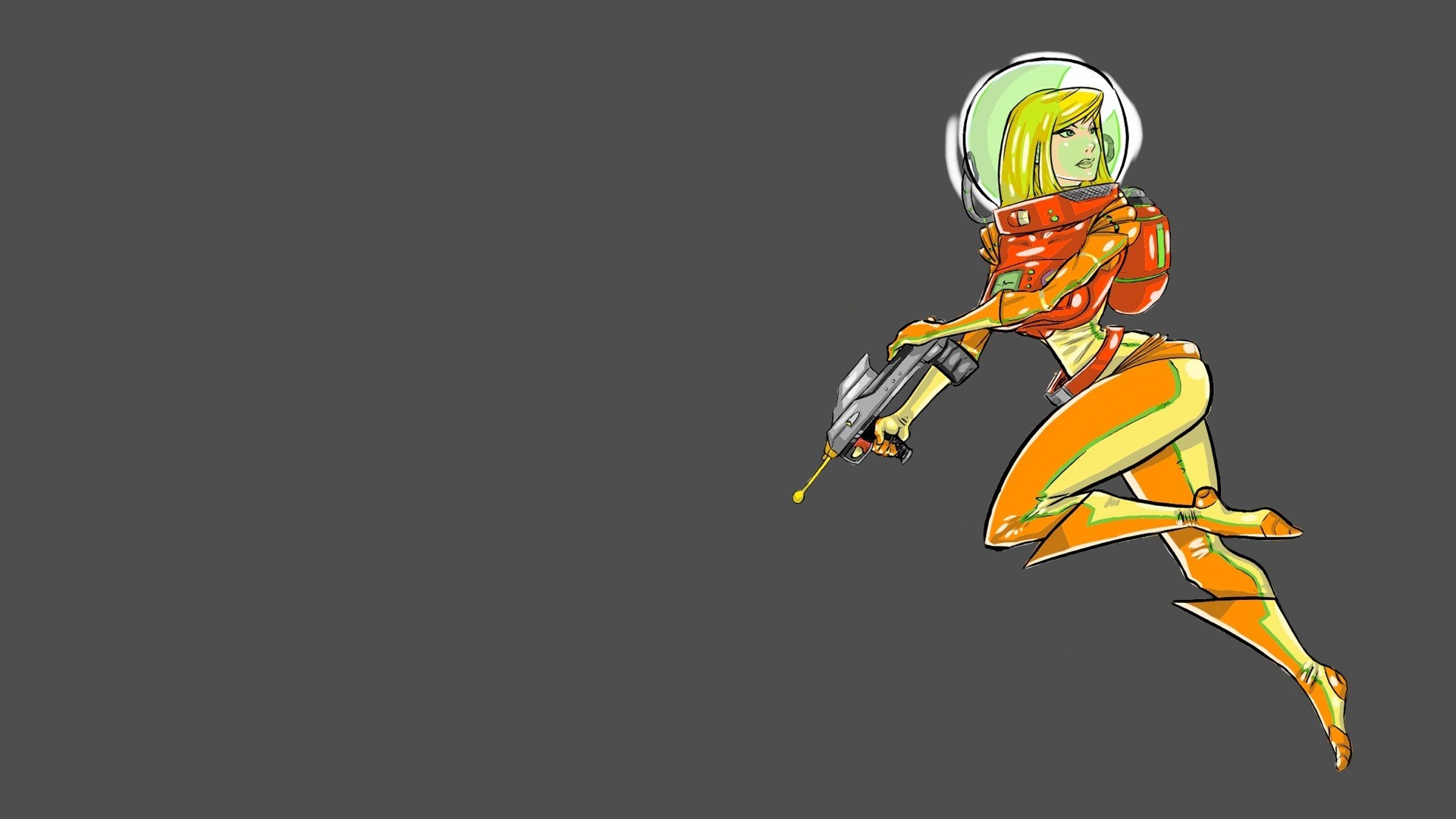 Samus Aran in orange and yellow suit with a gun HD Wallpaper