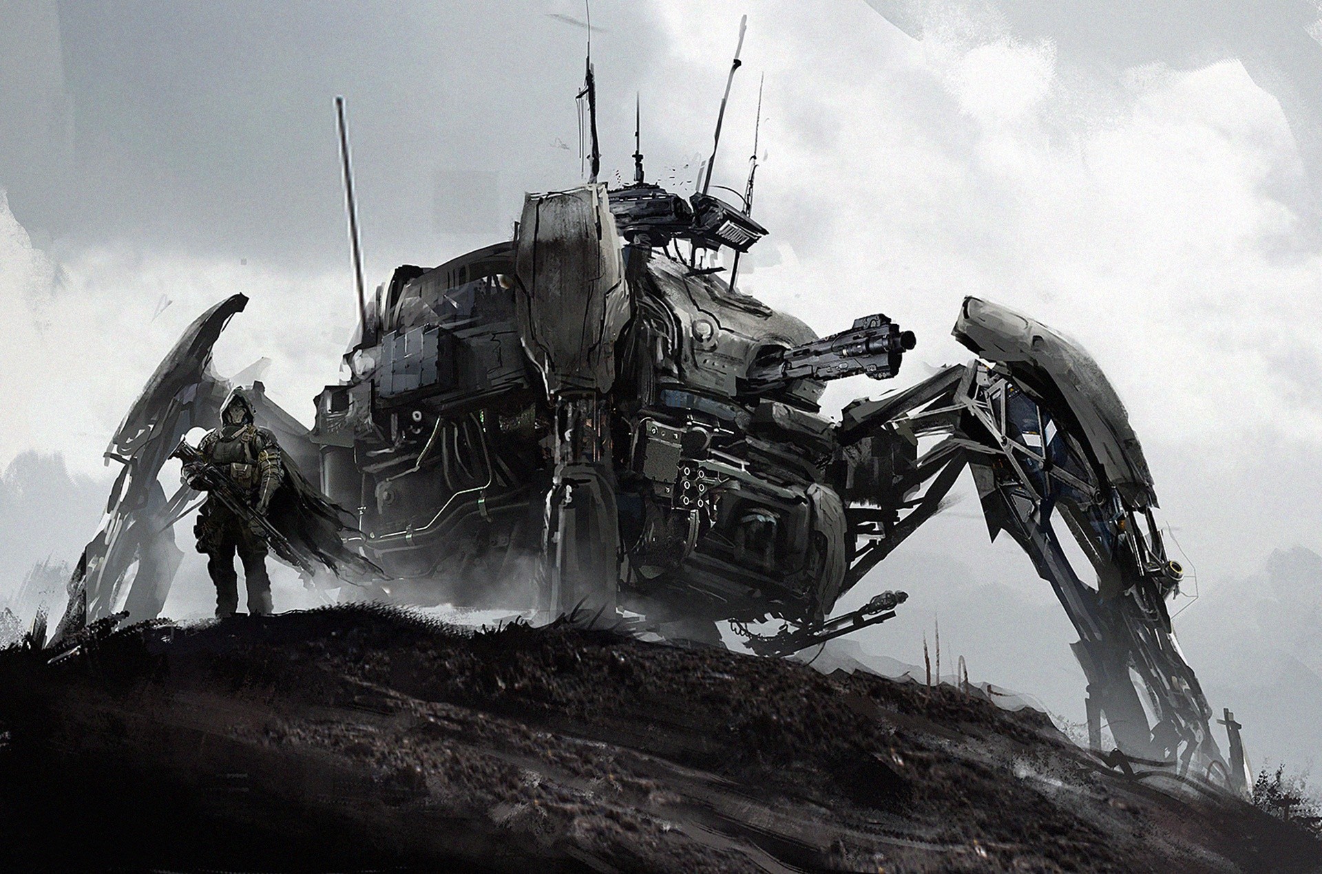 Soldier and a large spider-like robot on a desolate landscape HD Wallpaper