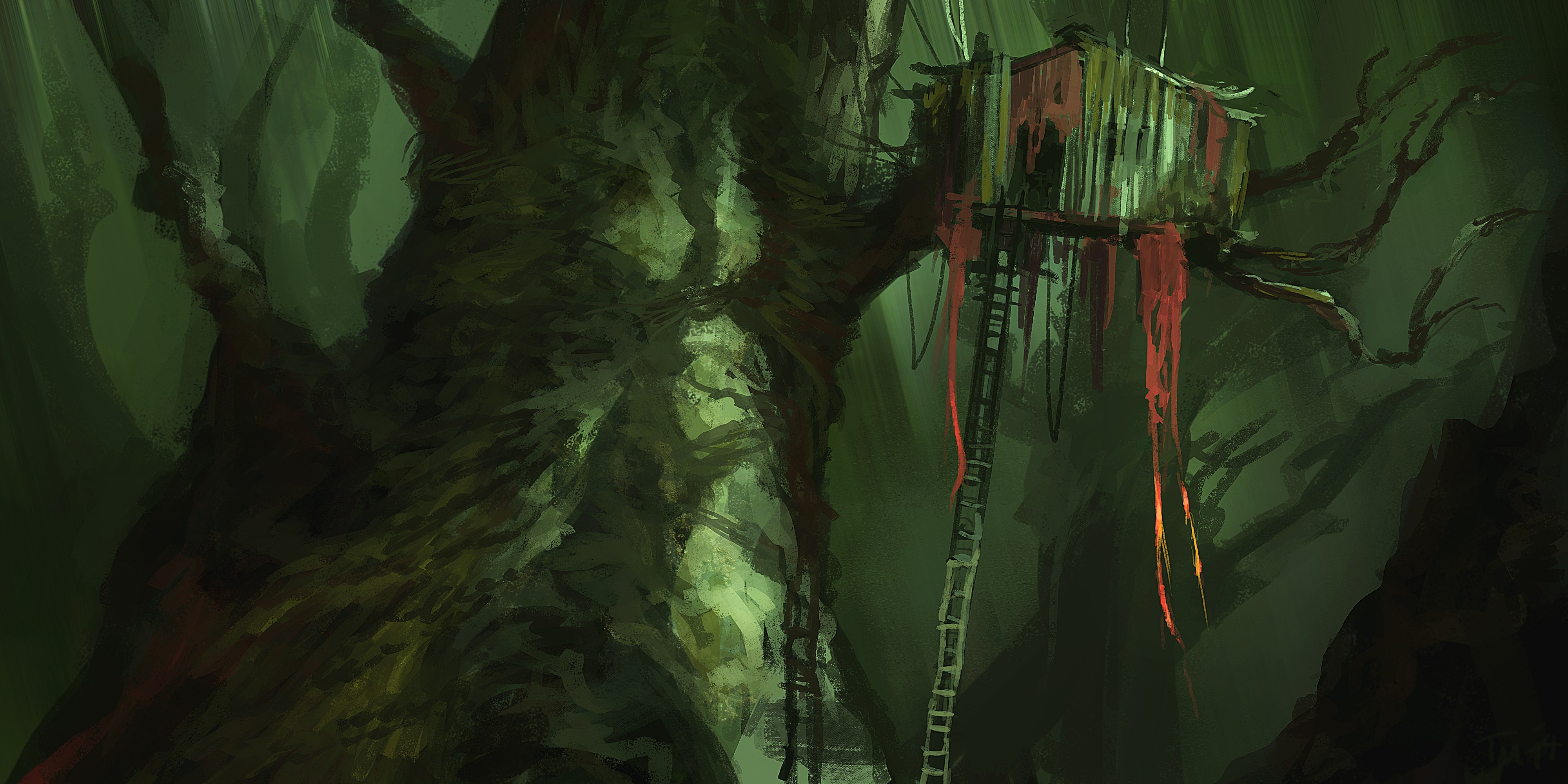 Abandoned treehouse in a dark fantasy forest HD Wallpaper