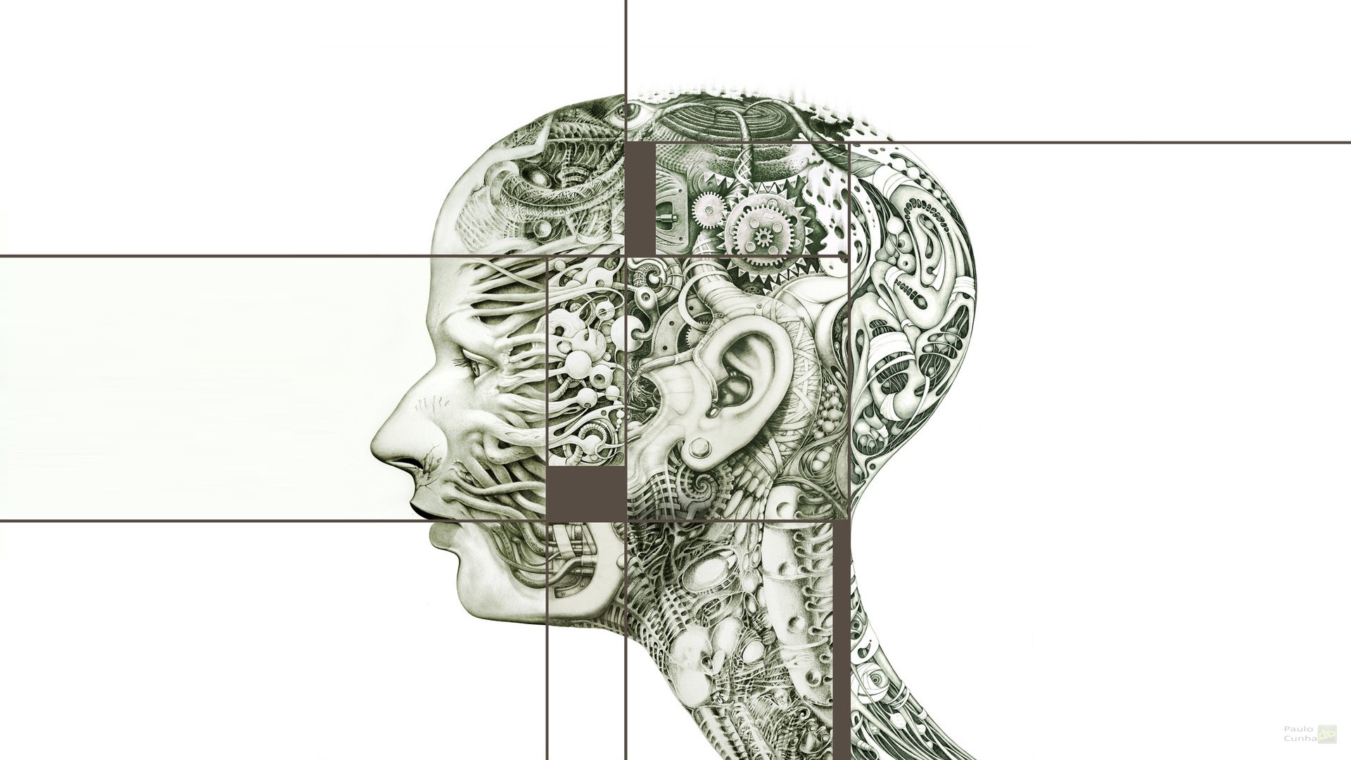 Abstract mechanical human head with clockwork details HD Wallpaper