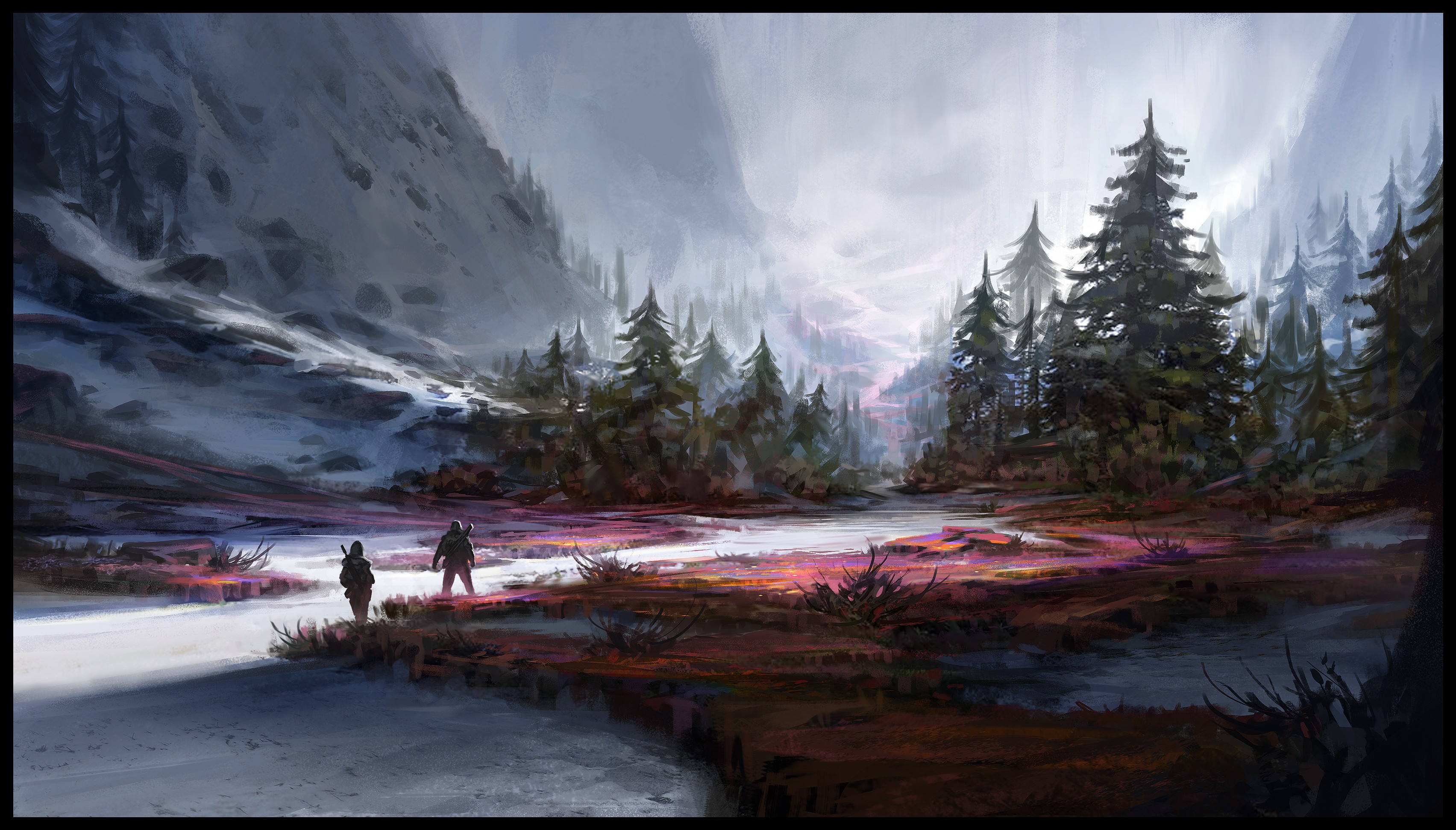 Two figures walk through a snowy landscape with pine trees HD Wallpaper