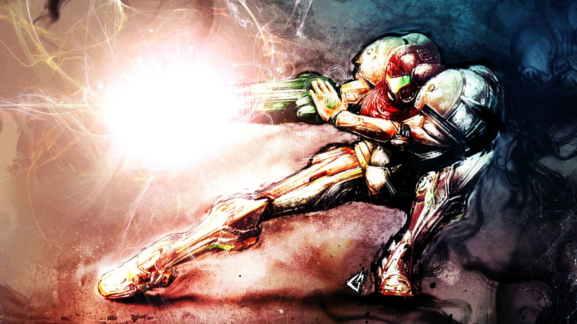 Samus Aran firing her arm cannon HD Wallpaper