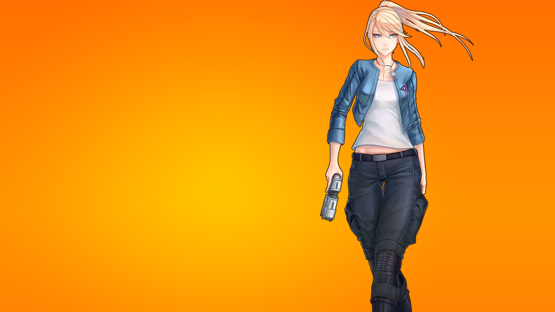 Samus Aran holding a gun on an orange background HD Wallpaper