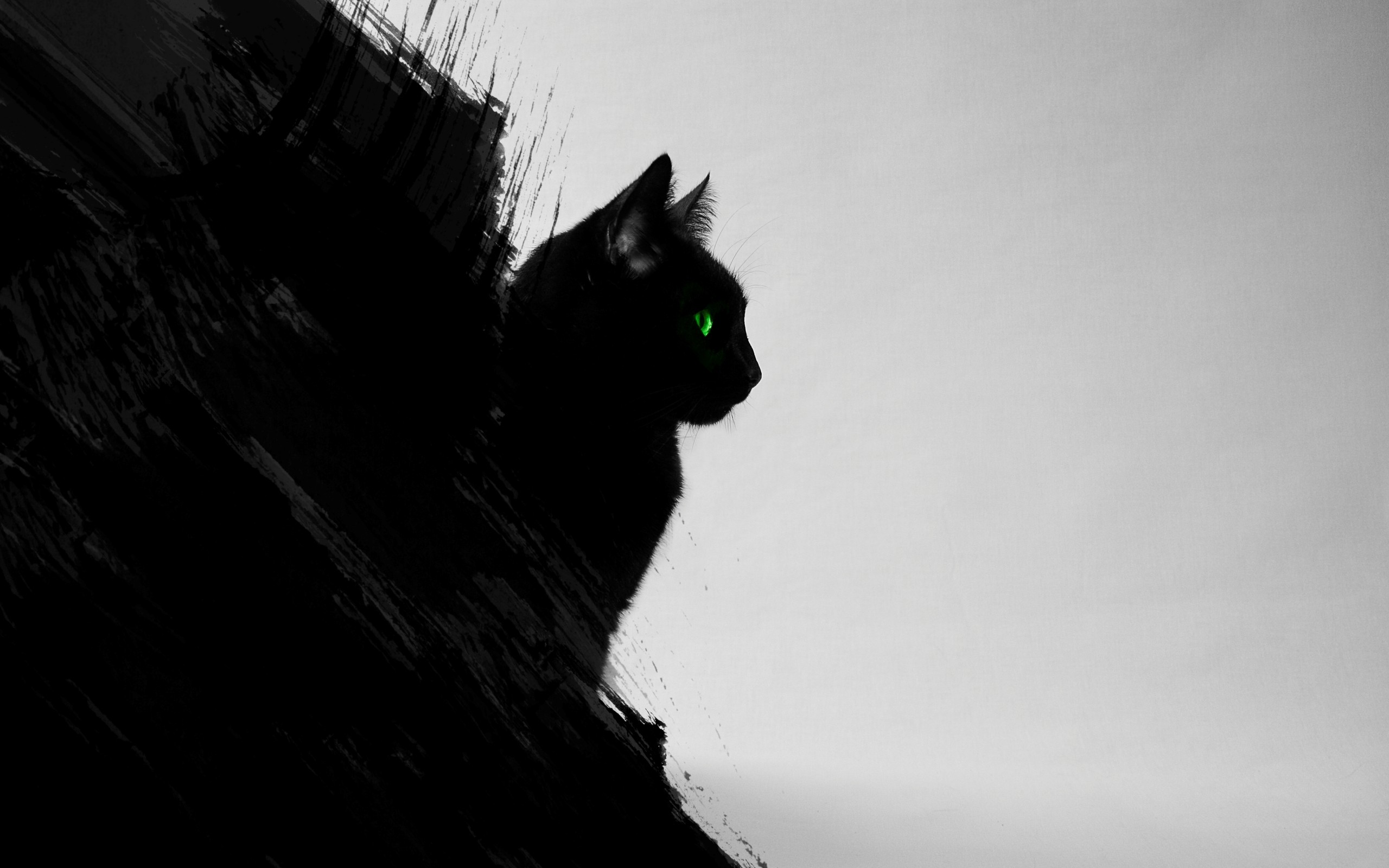 Black cat with green eyes and abstract black brush strokes HD Wallpaper