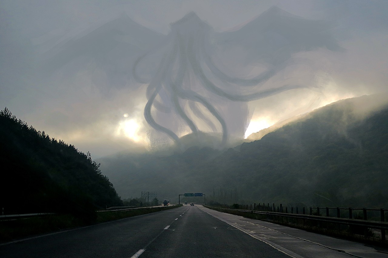 Giant Cthulhu-like creature emerging from clouds over a highway HD Wallpaper