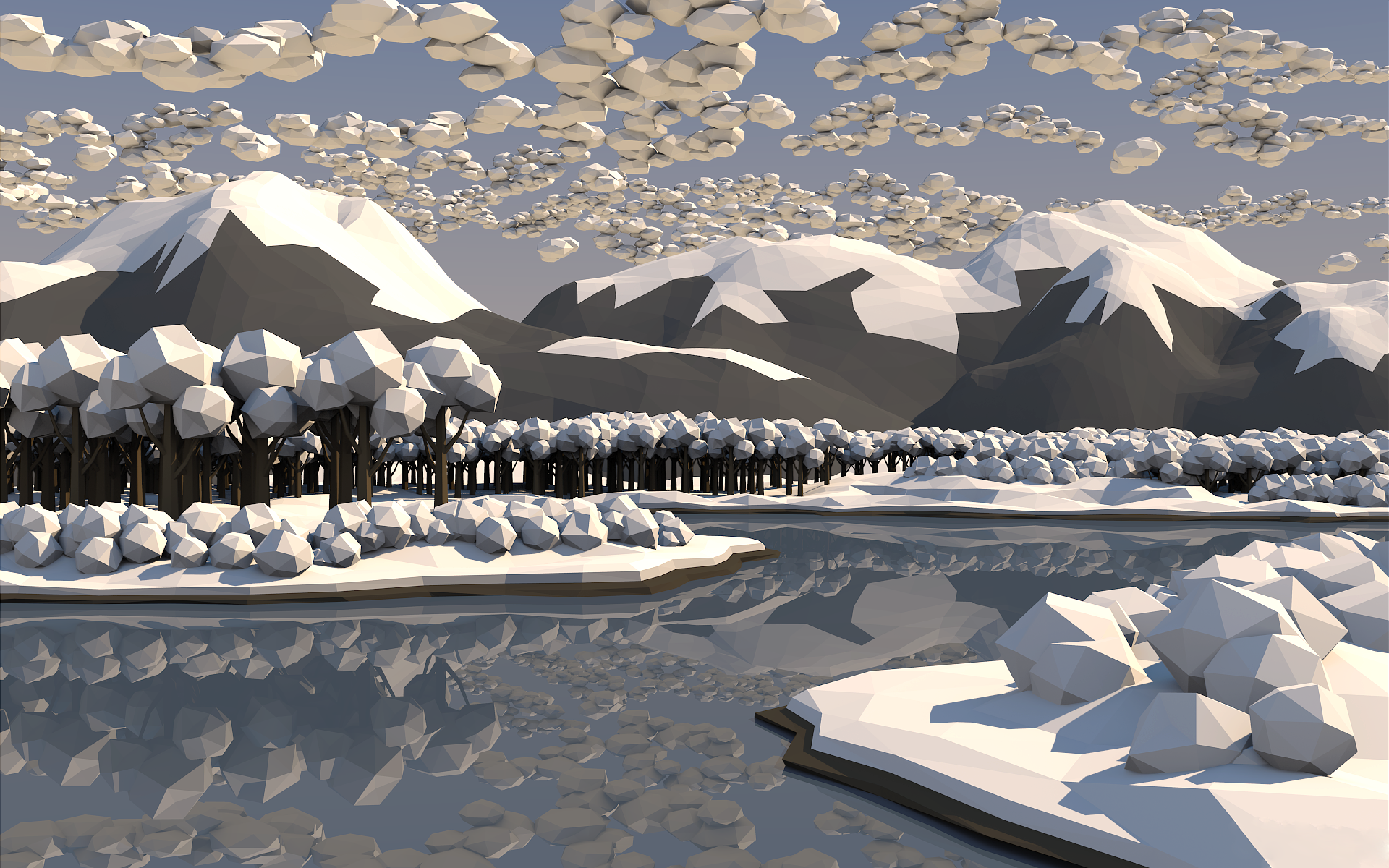 Low poly winter landscape with snow-capped mountains and a lake HD Wallpaper