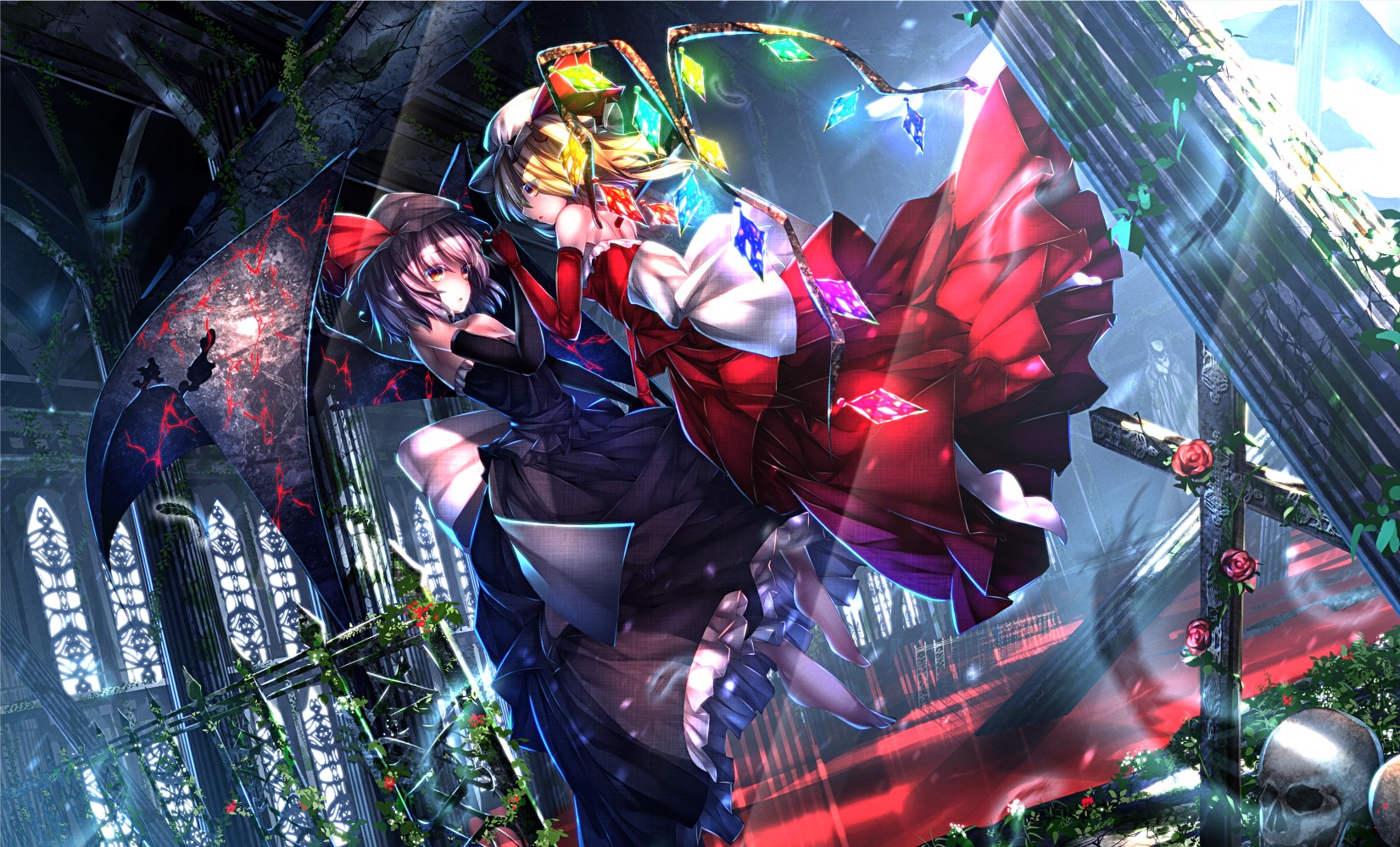 Touhou: Two anime girls in a ruined cathedral HD Wallpaper