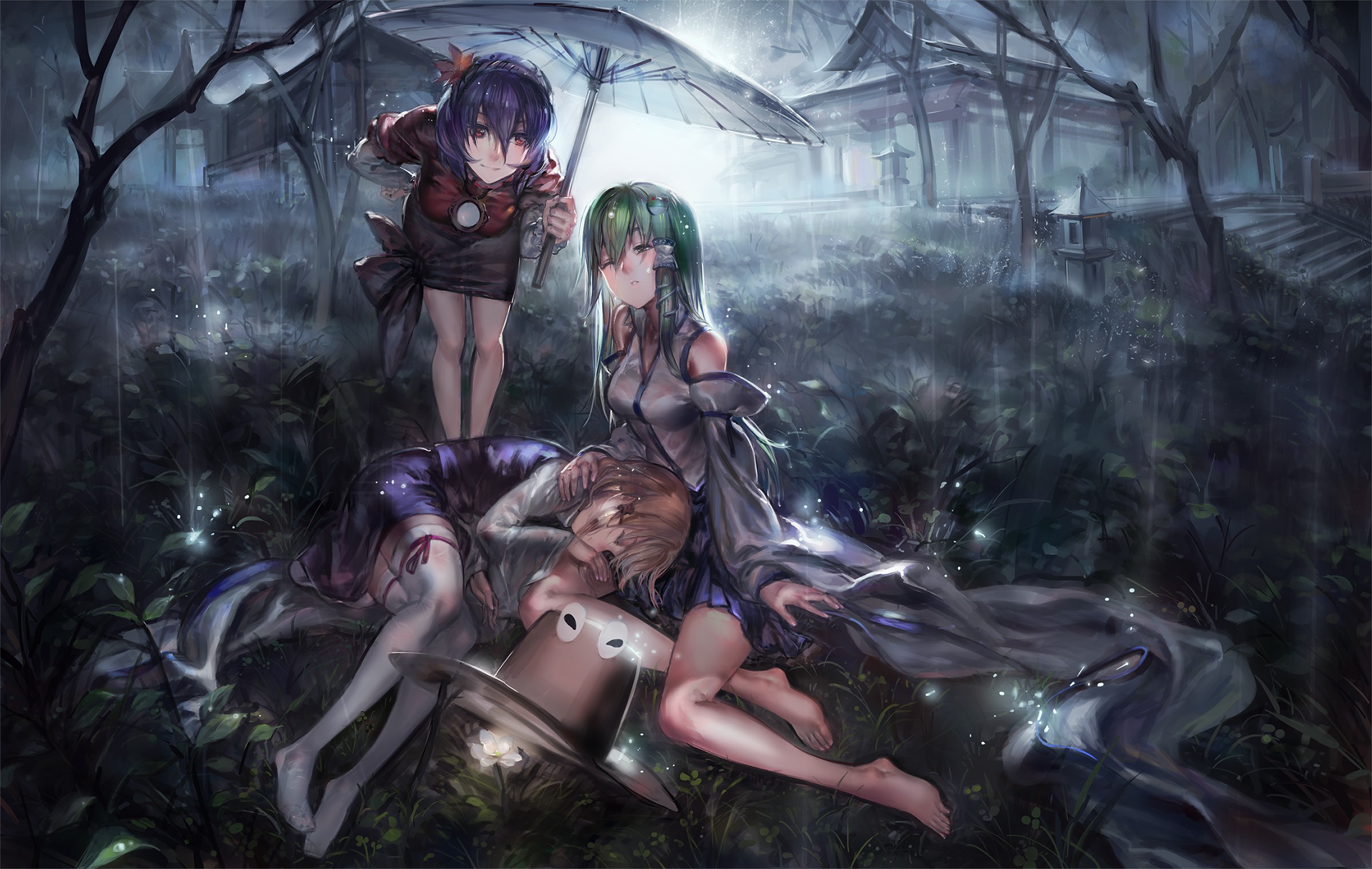 Touhou Project anime girls under an umbrella in the rain HD Wallpaper