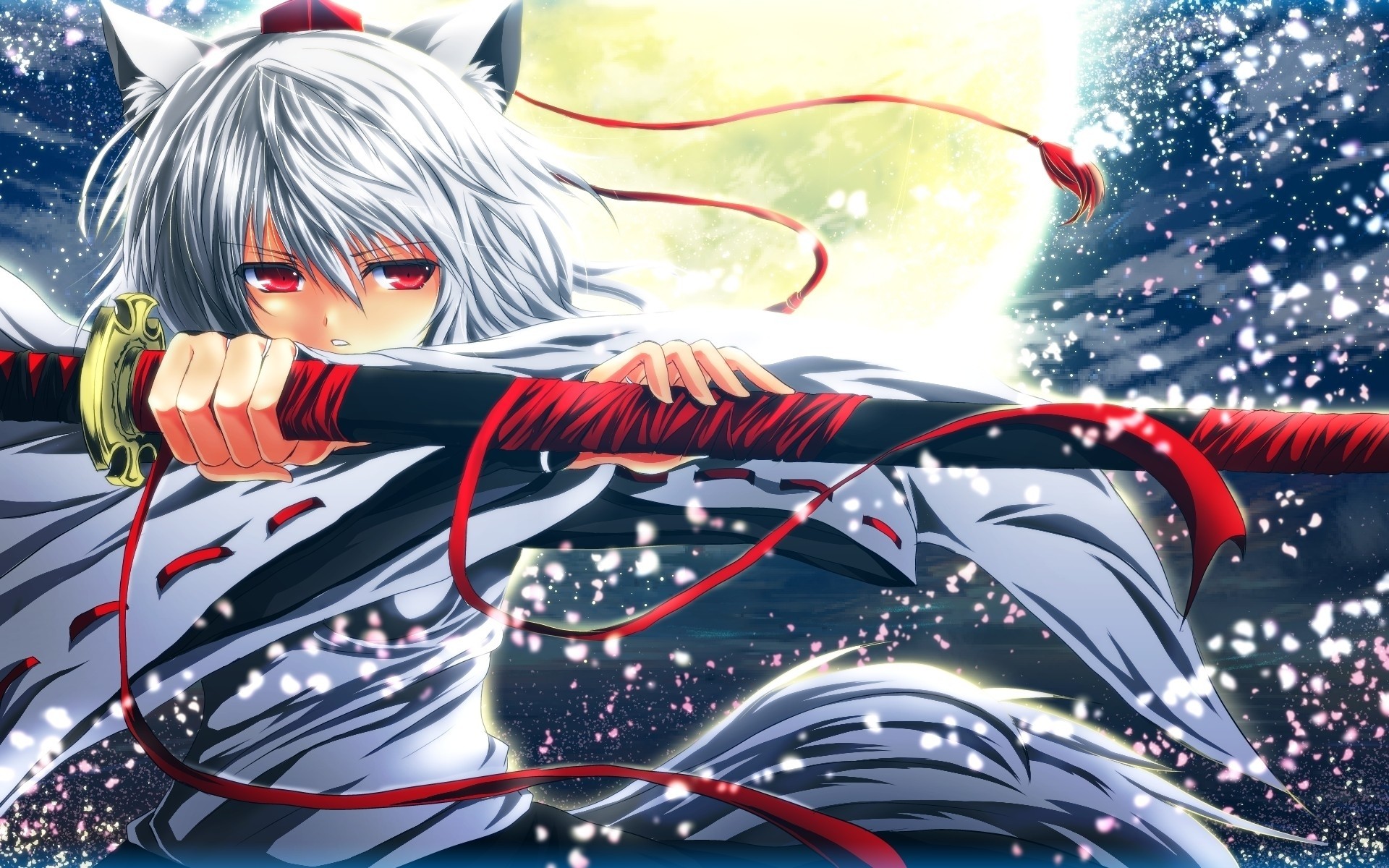 Momiji Inubashiri with Katana under the Moon HD Wallpaper