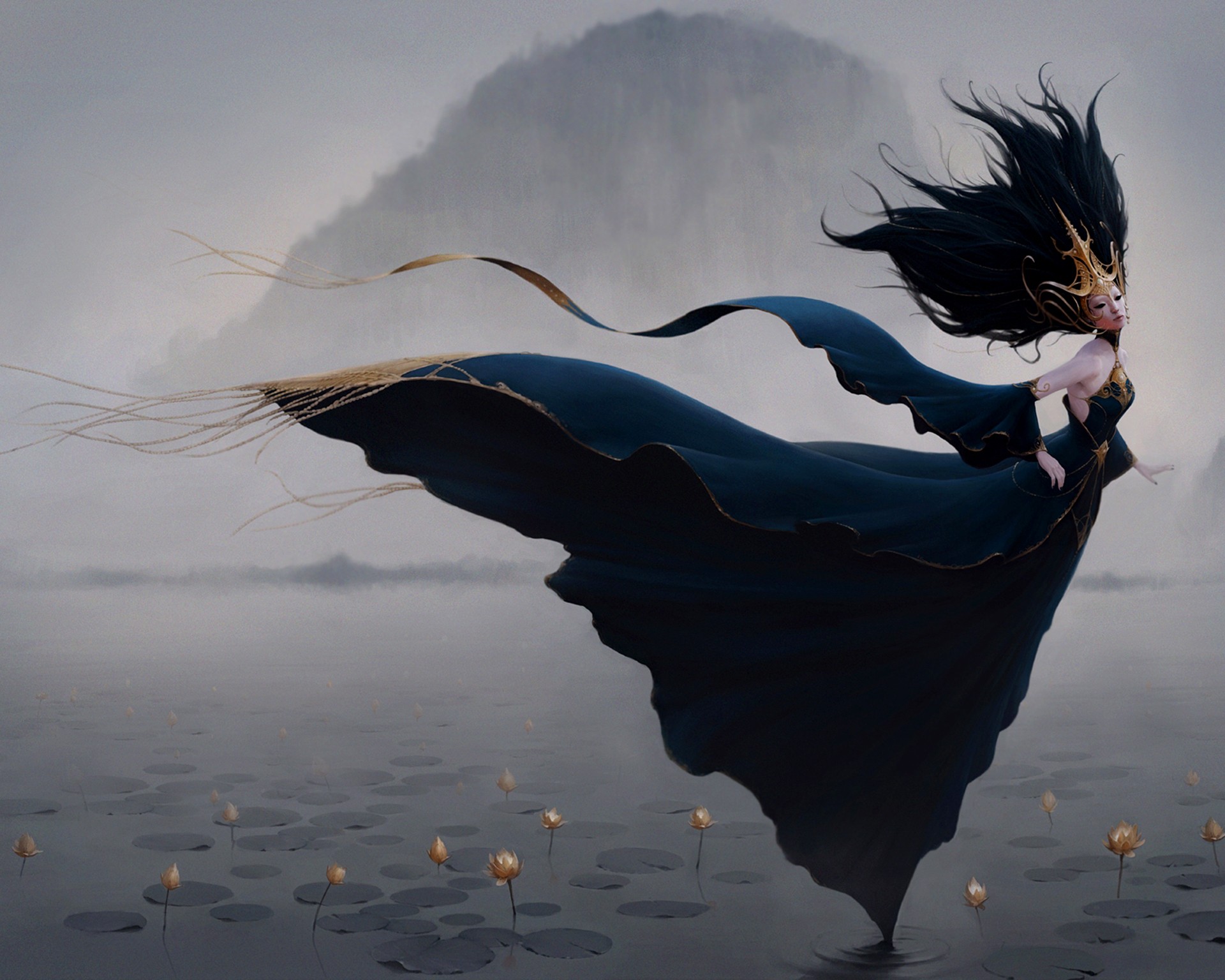 Woman in dark dress with flowing hair on a pond HD Wallpaper