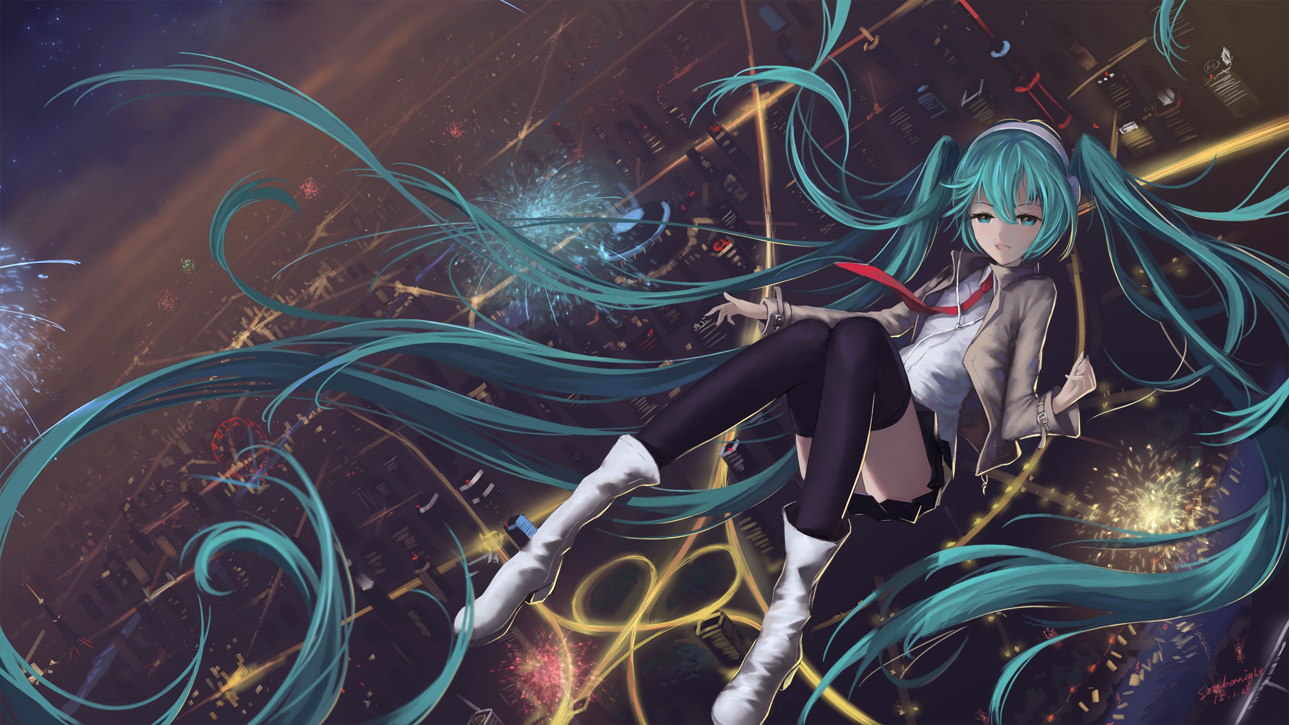 Hatsune Miku floating in a cityscape with fireworks HD Wallpaper