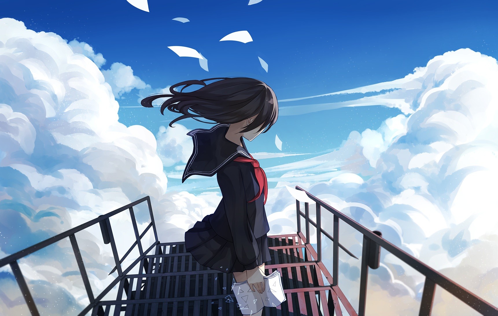 Anime girl in school uniform on stairs with clouds HD Wallpaper