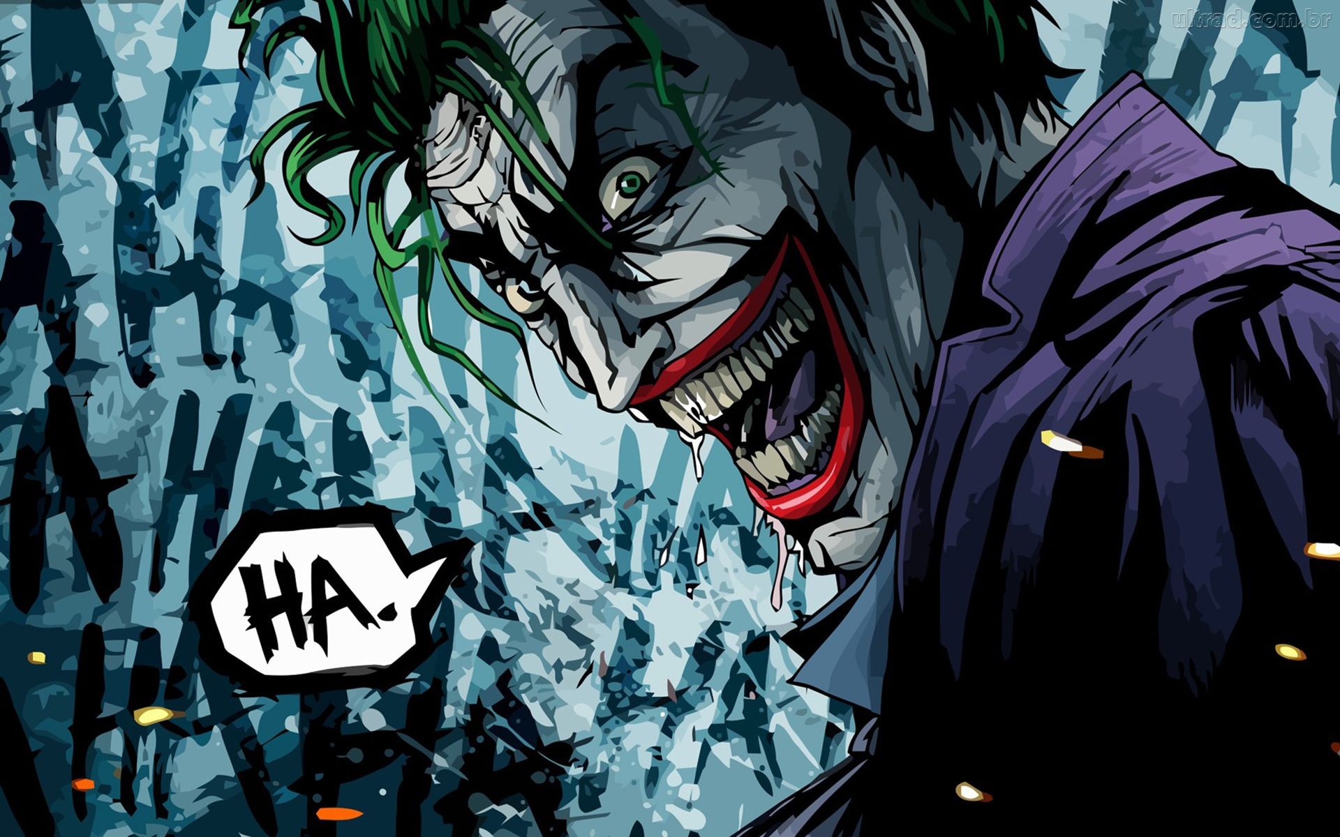 Joker laughing with 'HA' speech bubble HD Wallpaper