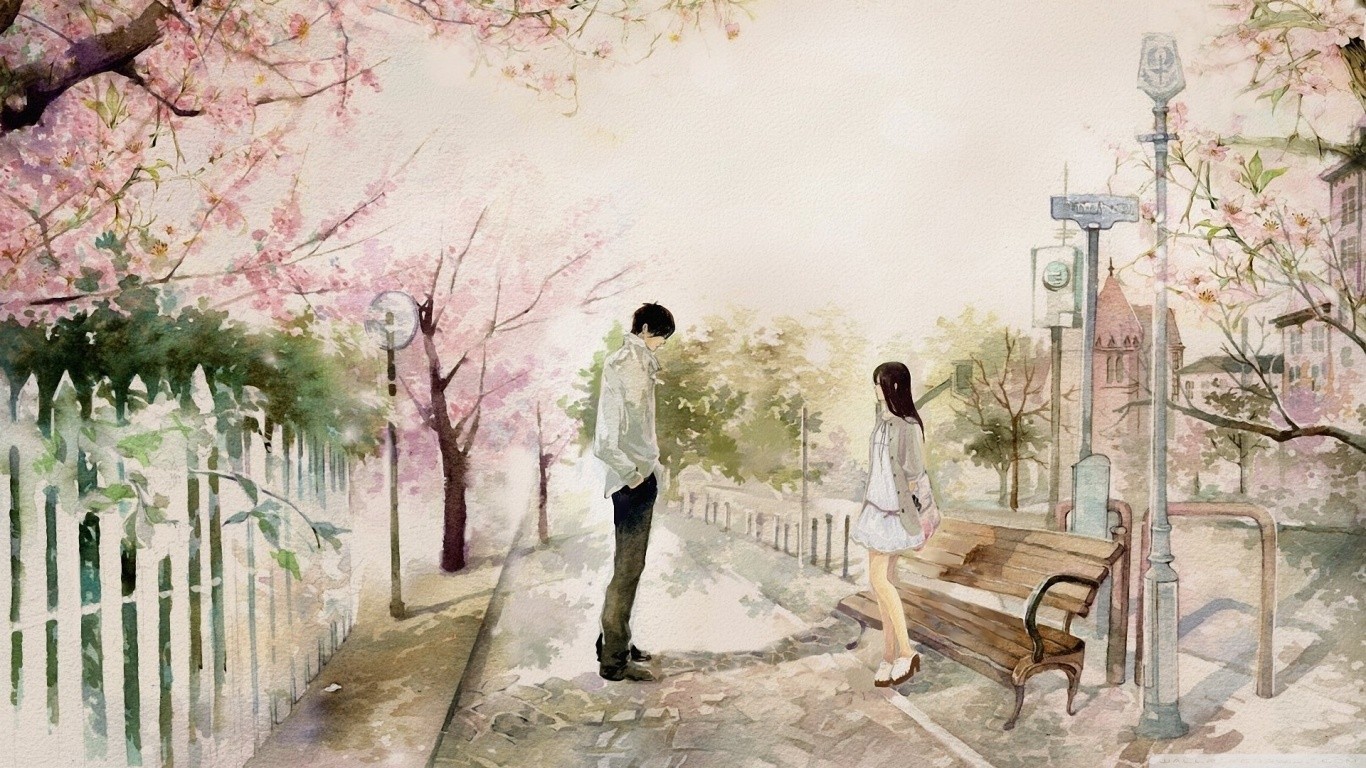 Anime couple standing under cherry blossoms HD Wallpaper