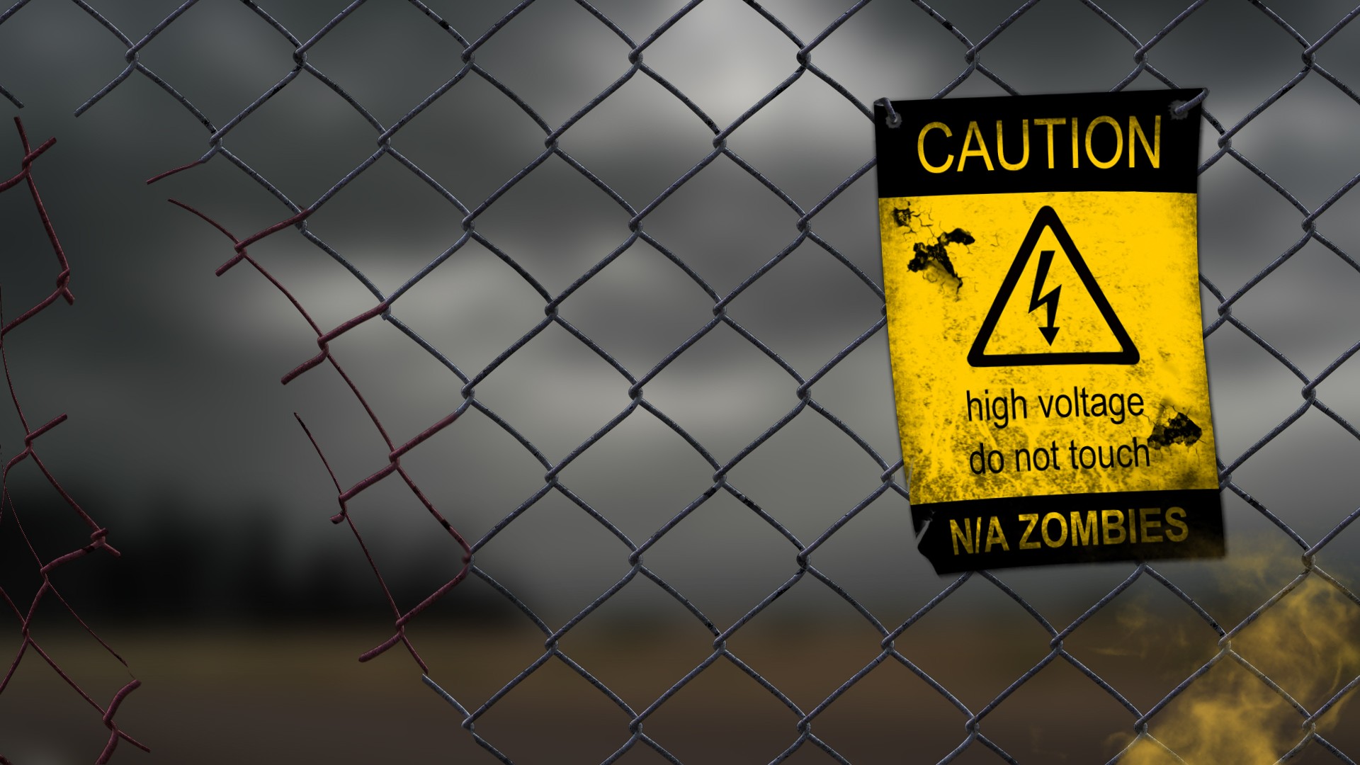 Caution high voltage do not touch N/A zombies sign on fence HD Wallpaper