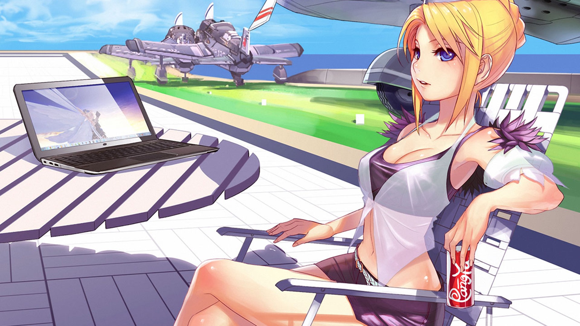 Anime girl with blonde hair and blue eyes at an airfield HD Wallpaper