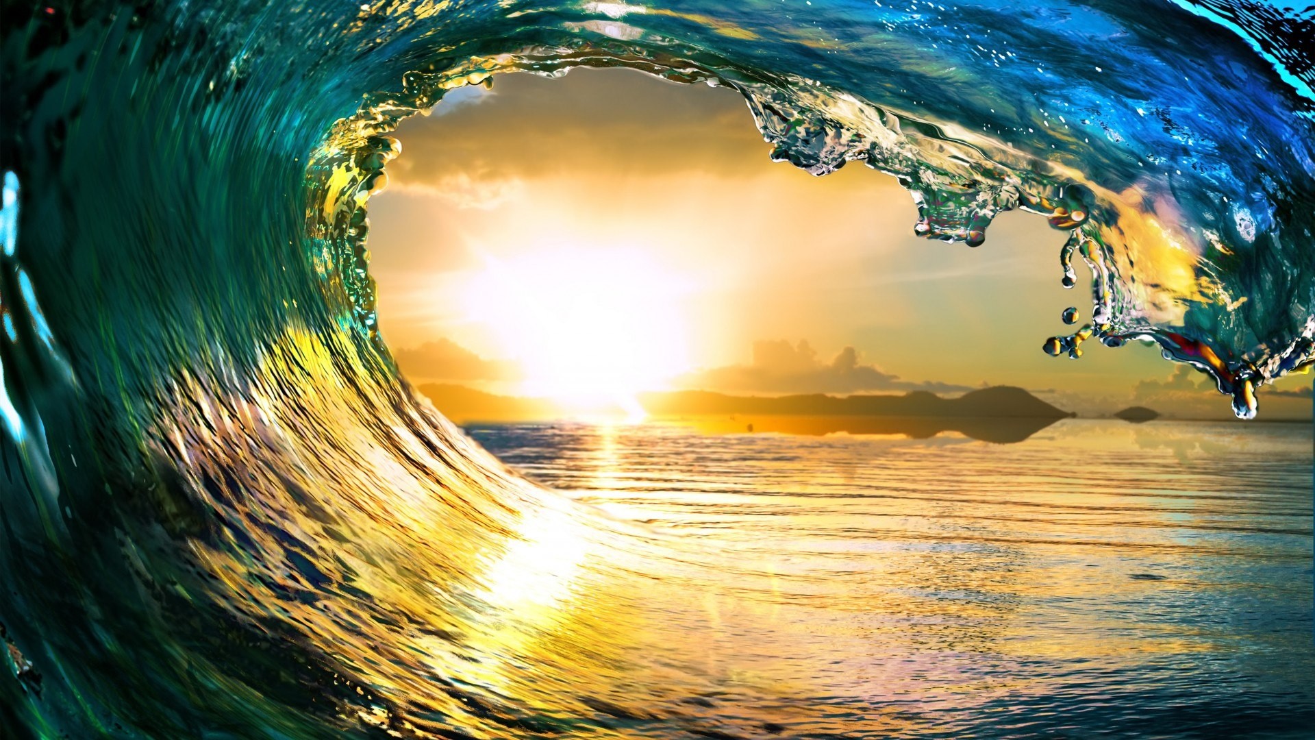Wave crashing at sunset HD Wallpaper