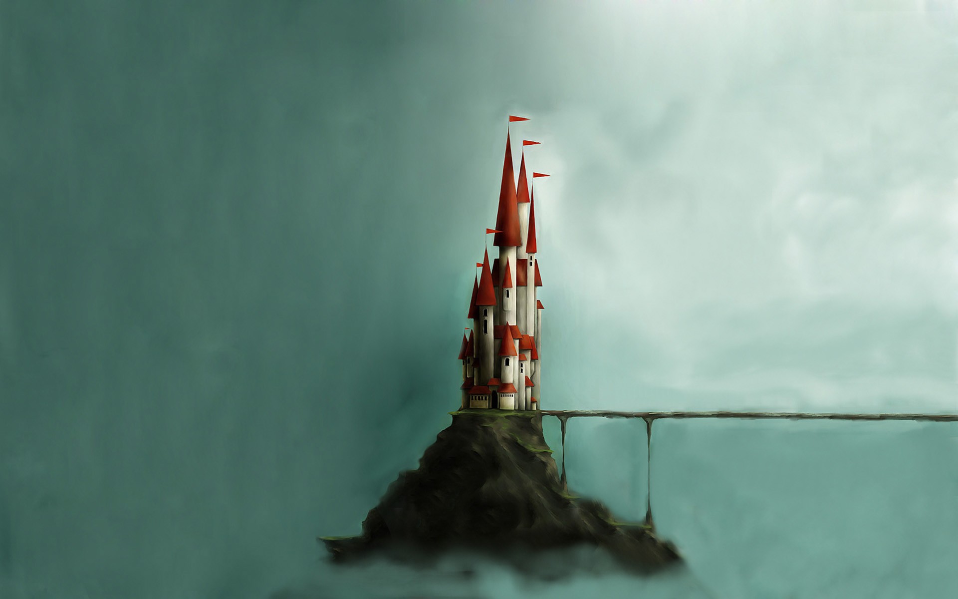 A minimalist digital art of a castle on a rocky island connected by a bridge HD Wallpaper