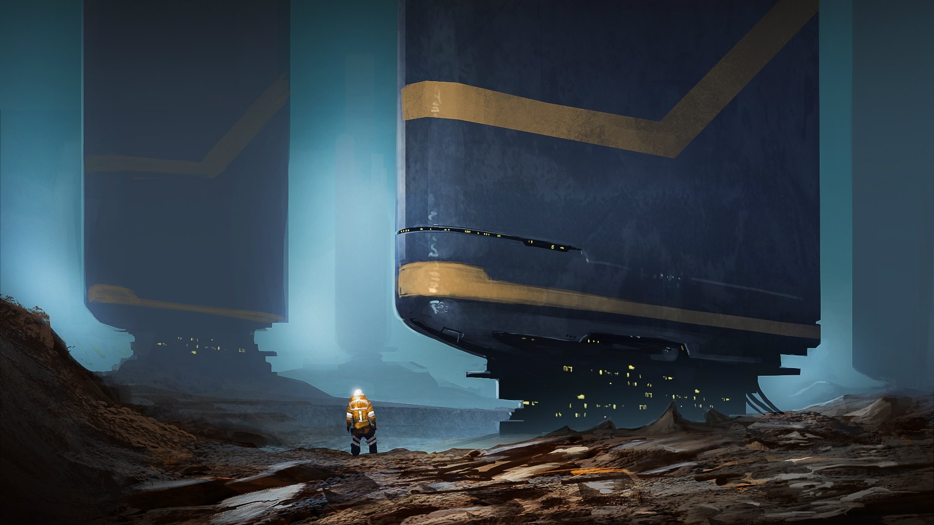Astronaut standing before colossal alien structures HD Wallpaper