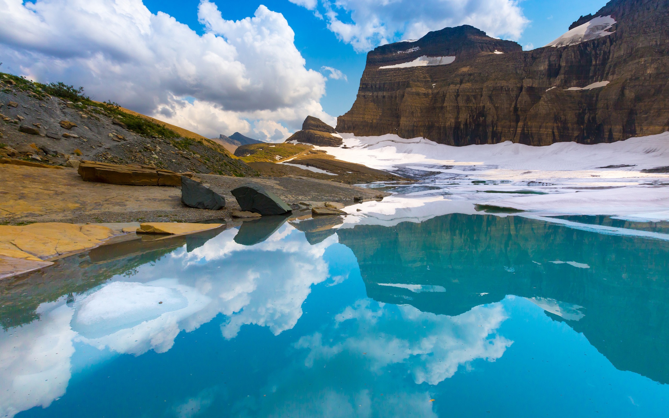 Glacial Lake with Mountains and Clouds Reflected HD Wallpaper