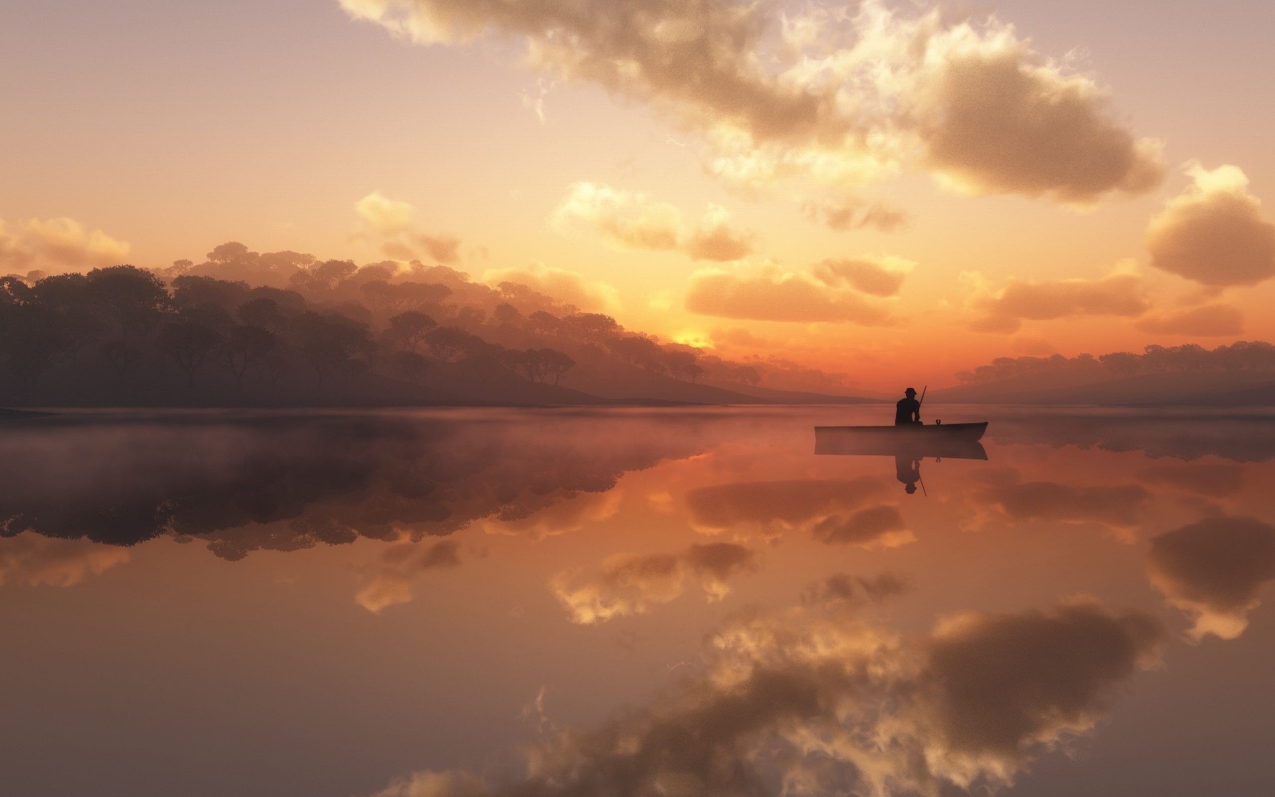 Man in a boat on a lake at sunset HD Wallpaper