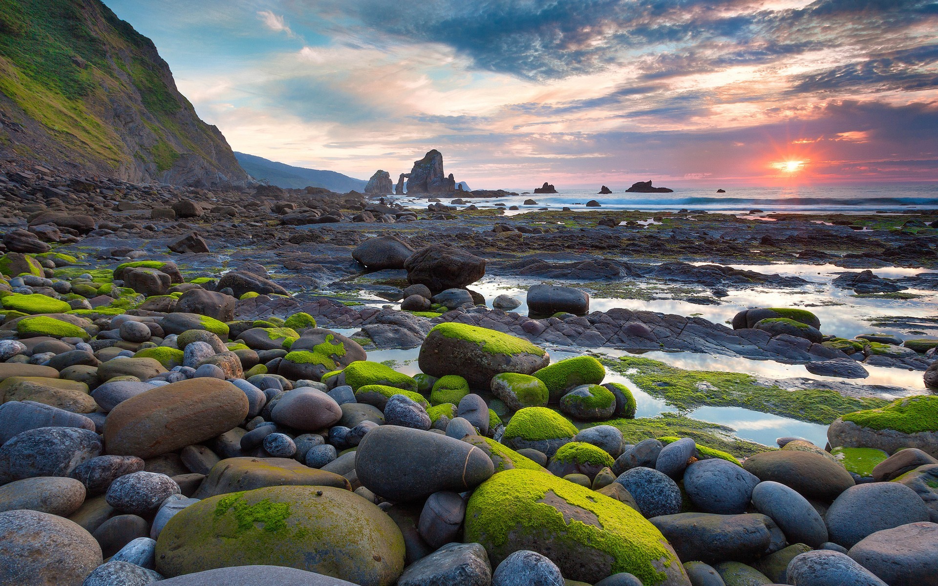 Rocky coast with mossy stones at sunset HD Wallpaper