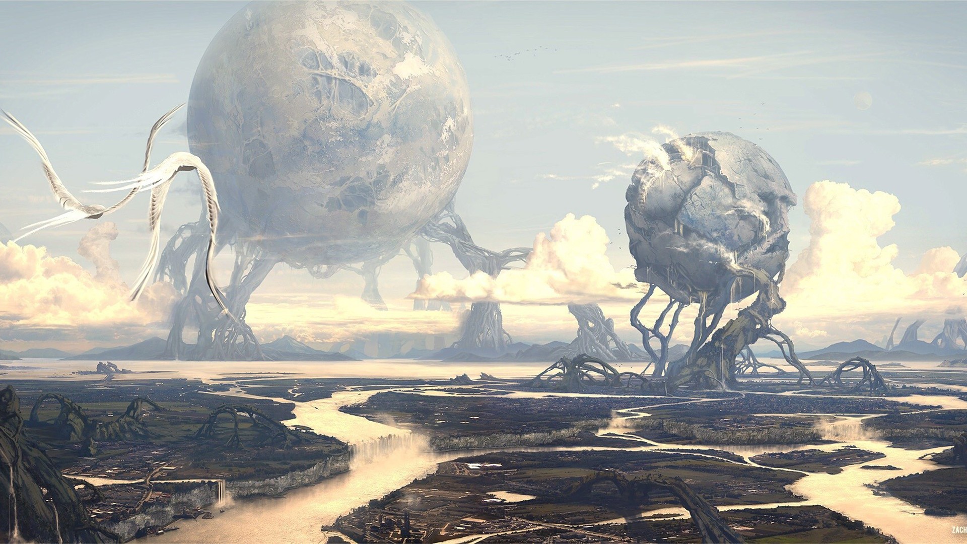 Fantasy landscape with giant floating orbs and flying creatures HD Wallpaper