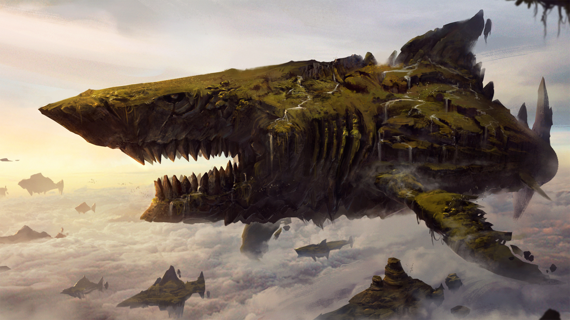 Giant shark-shaped island floating in the clouds HD Wallpaper