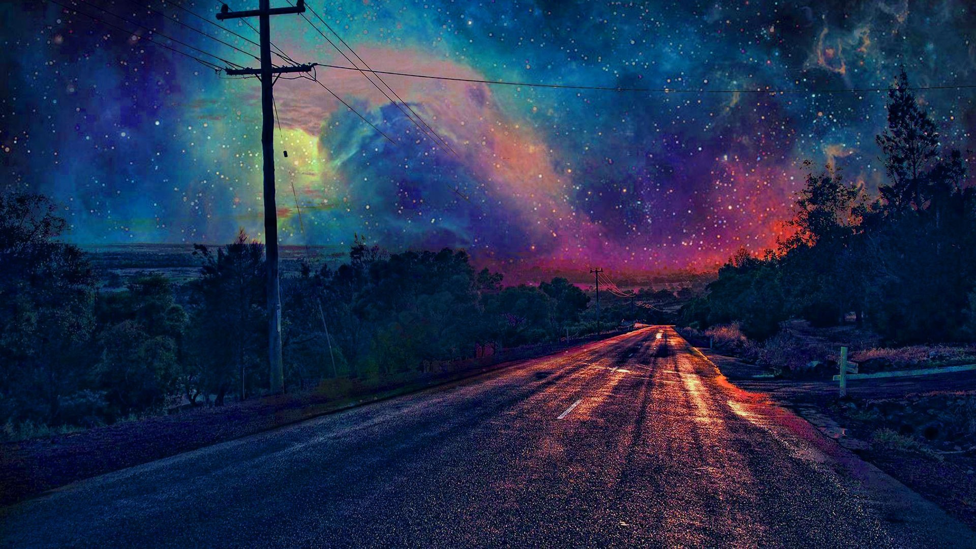 Road under a colorful nebula and starry night sky HD Wallpaper