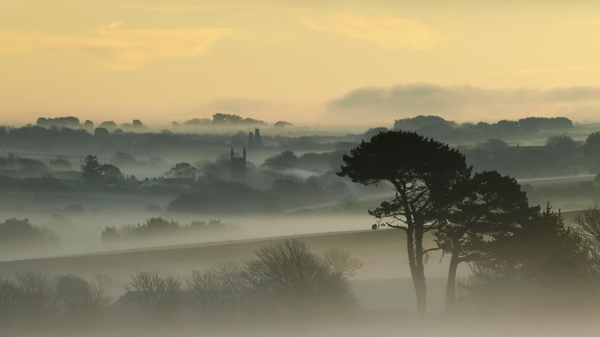 Misty landscape with trees and a distant church HD Wallpaper