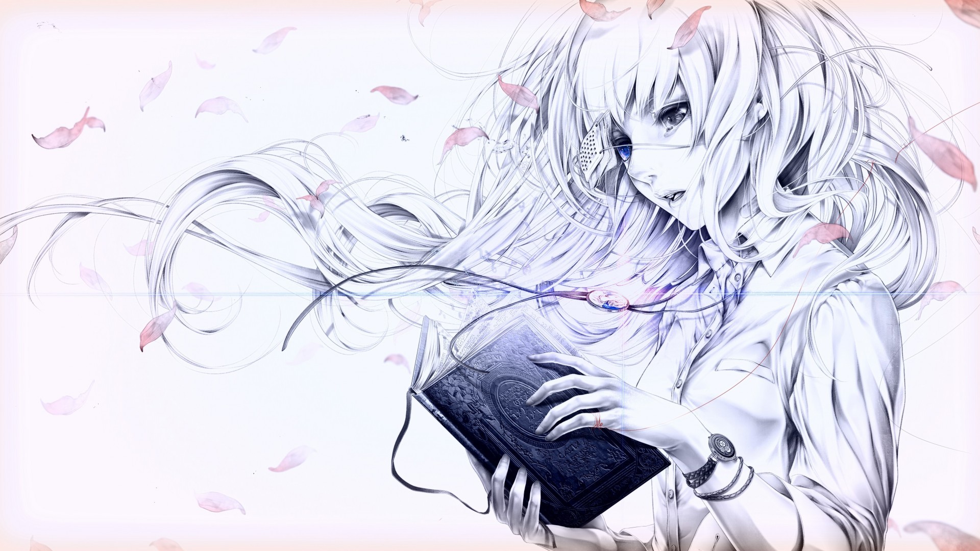 Anime girl with long white hair reading a book HD Wallpaper