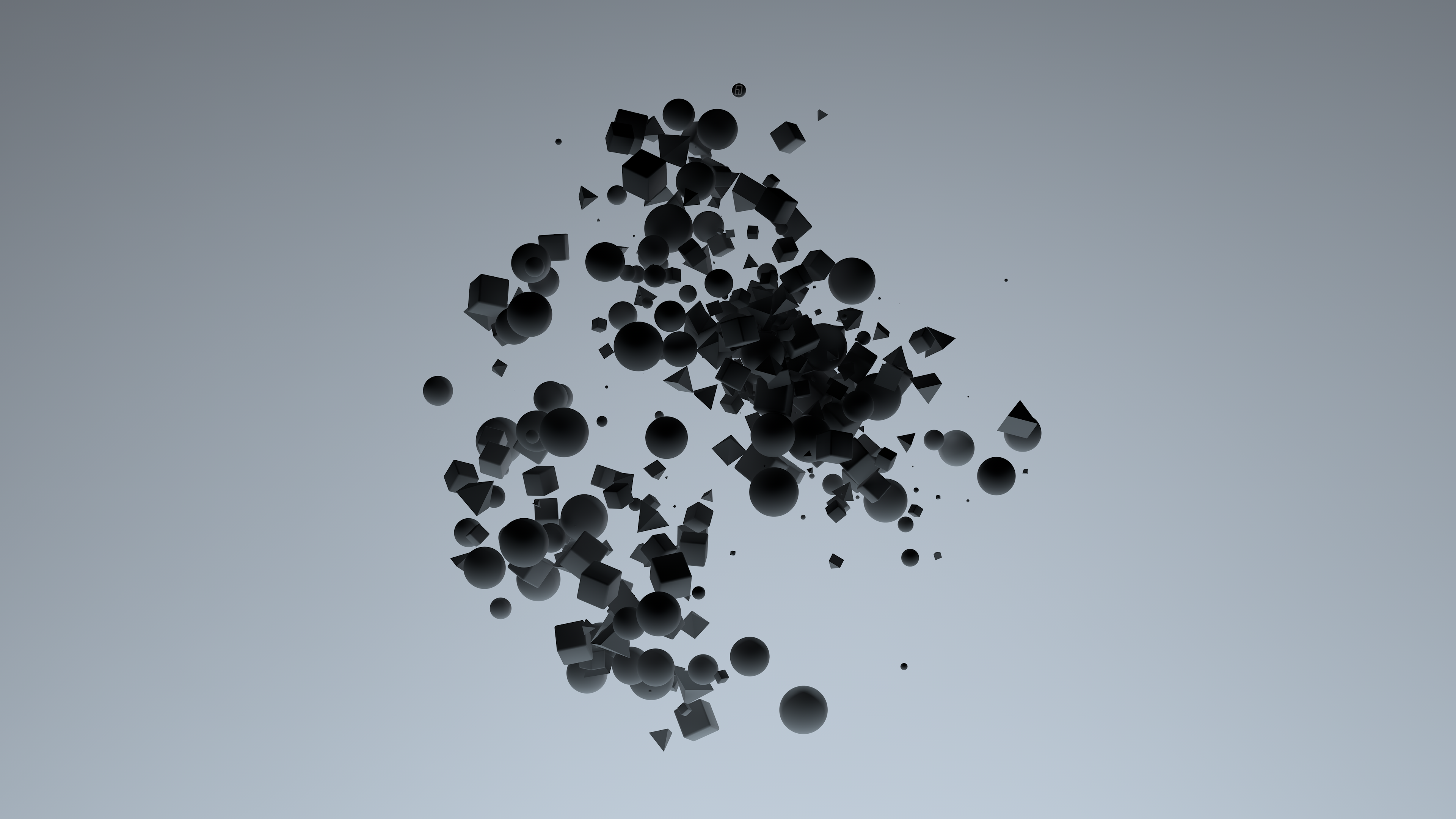 Abstract cluster of dark geometric shapes floating in a gradient. HD Wallpaper