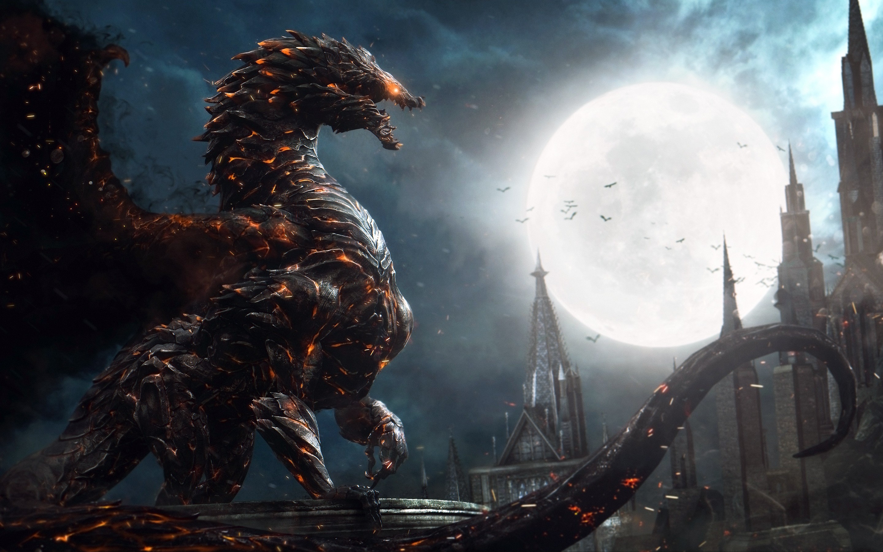 Fantasy art of a fiery dragon and a castle under the moon HD Wallpaper